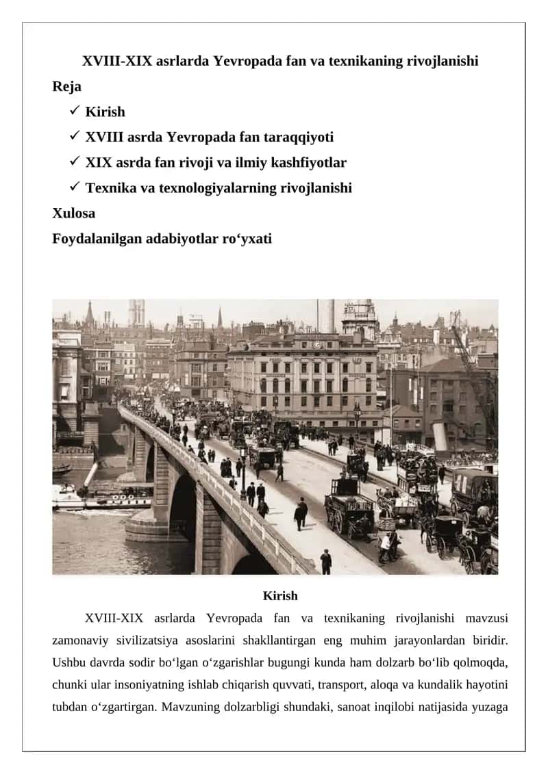 XVIII-XIX asrlarda Yevropada fan va texnikaning rivojlanishi