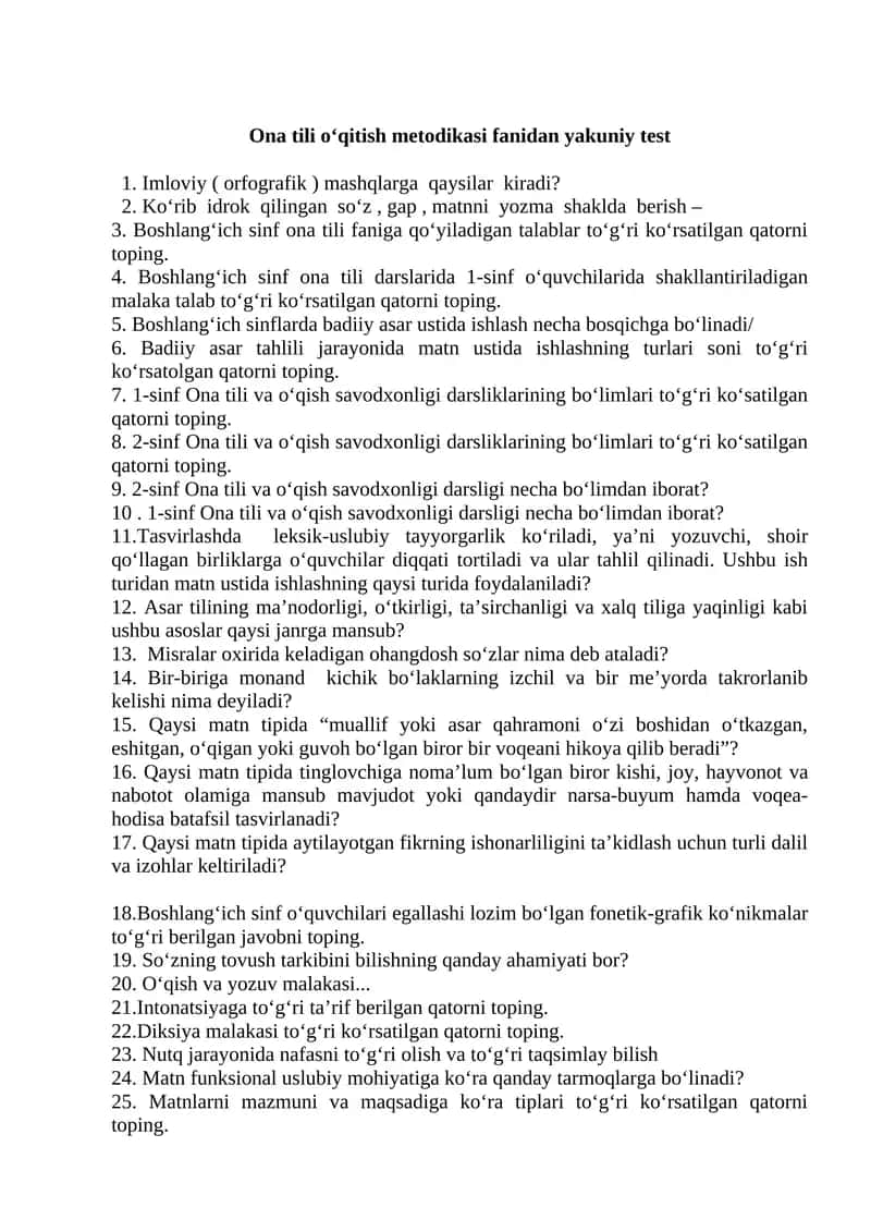 Ona tili o‘qitish metodikasi fanidan yakuniy test