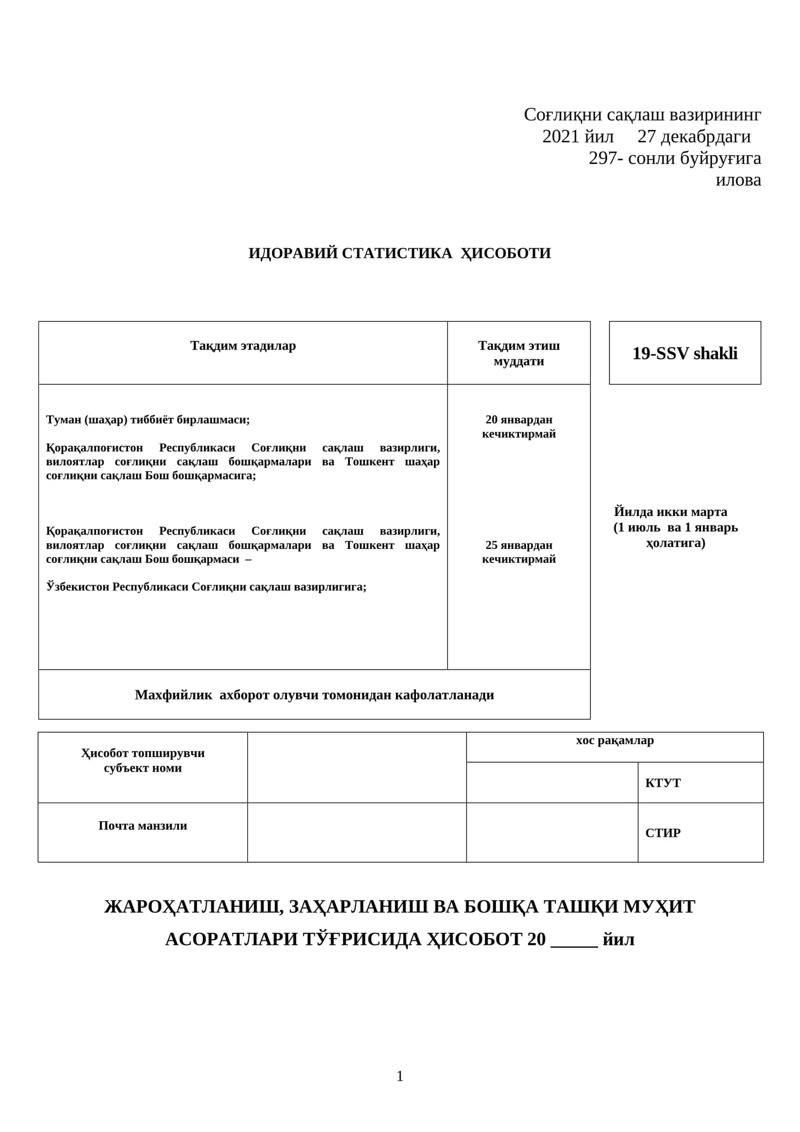 Jarohatlanish, zaharlanish va boshqa tashqi muhit asoratlari to'g'risida 19-SSV shakli