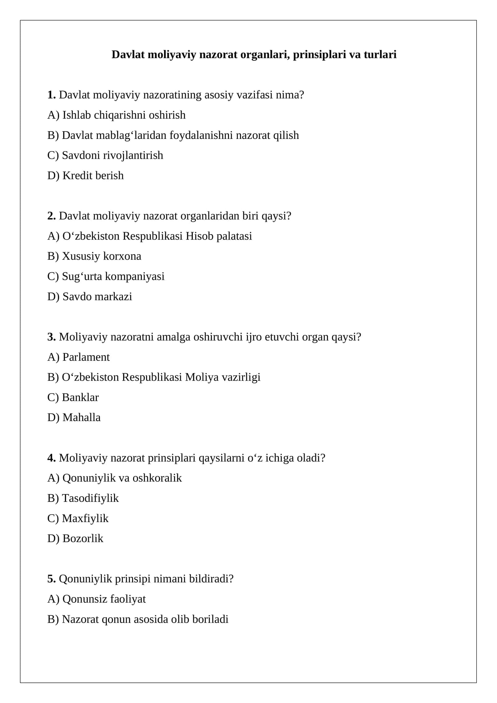 Davlat moliyaviy nazorat organlari, prinsiplari va turlari