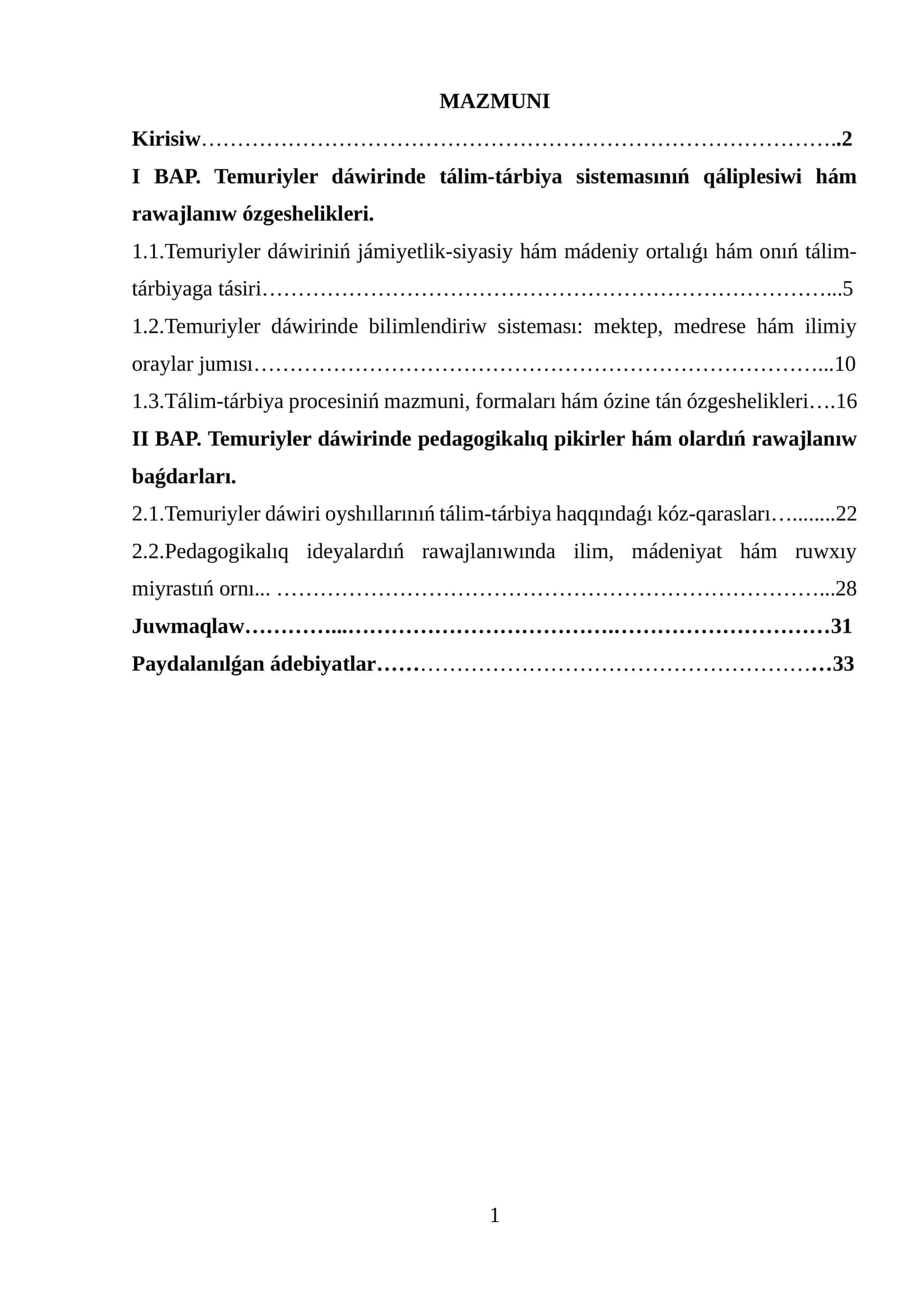 Temuriyler dáwirinde tálim-tárbiya sistemasınıń qáliplesiwi hám rawajlanıw ózgeshelikleri