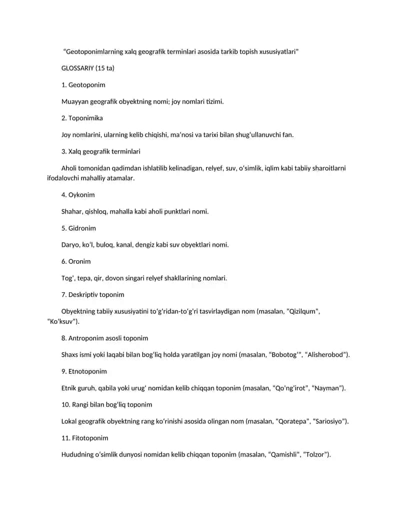 Geotoponimlarning xalq geografik terminlari asosida tarkib topish xususiyatlari