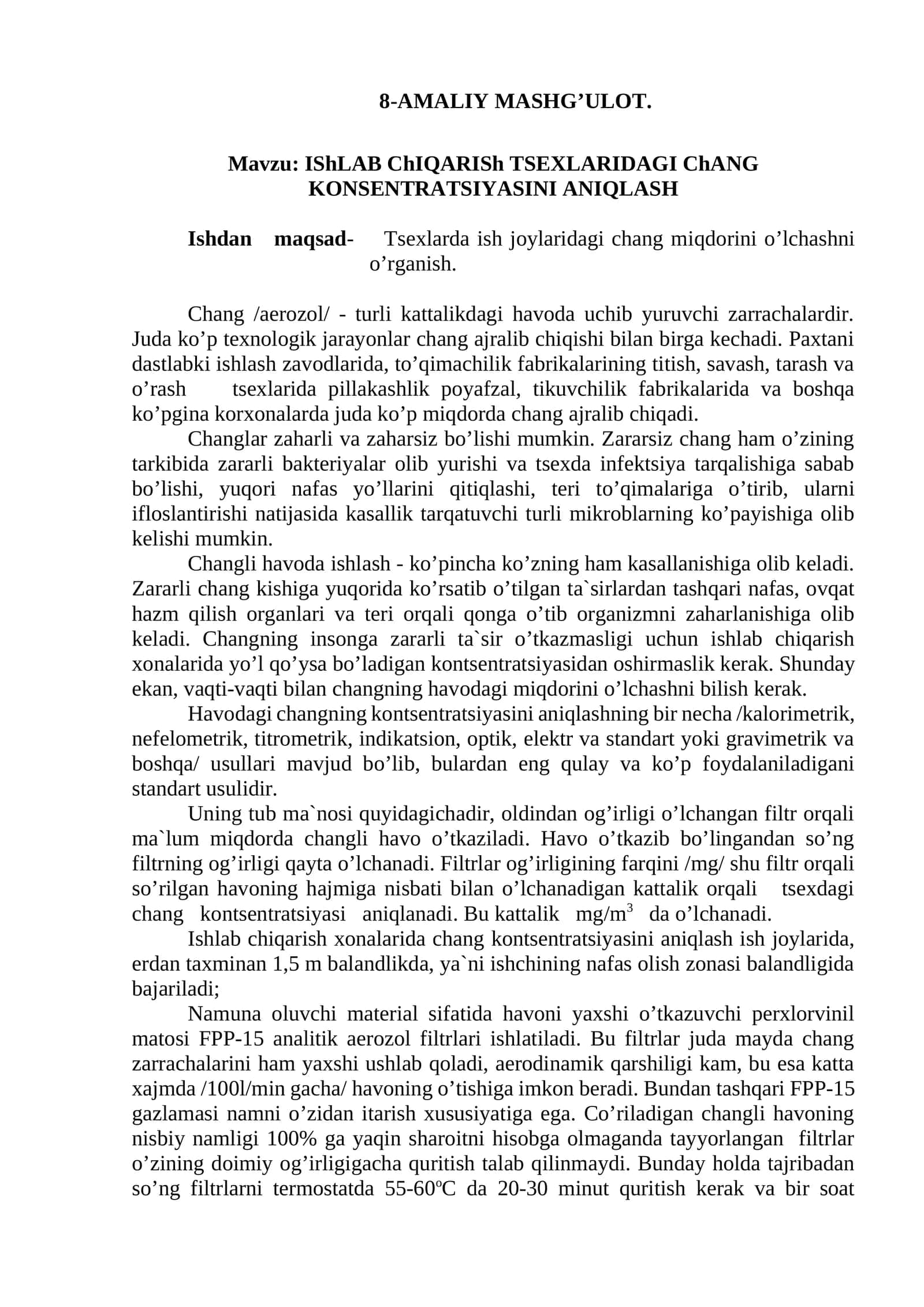 IShLАB ChIQАRISh TSEXLARIDAGI ChАNG KONSENTRATSIYASINI ANIQLASH