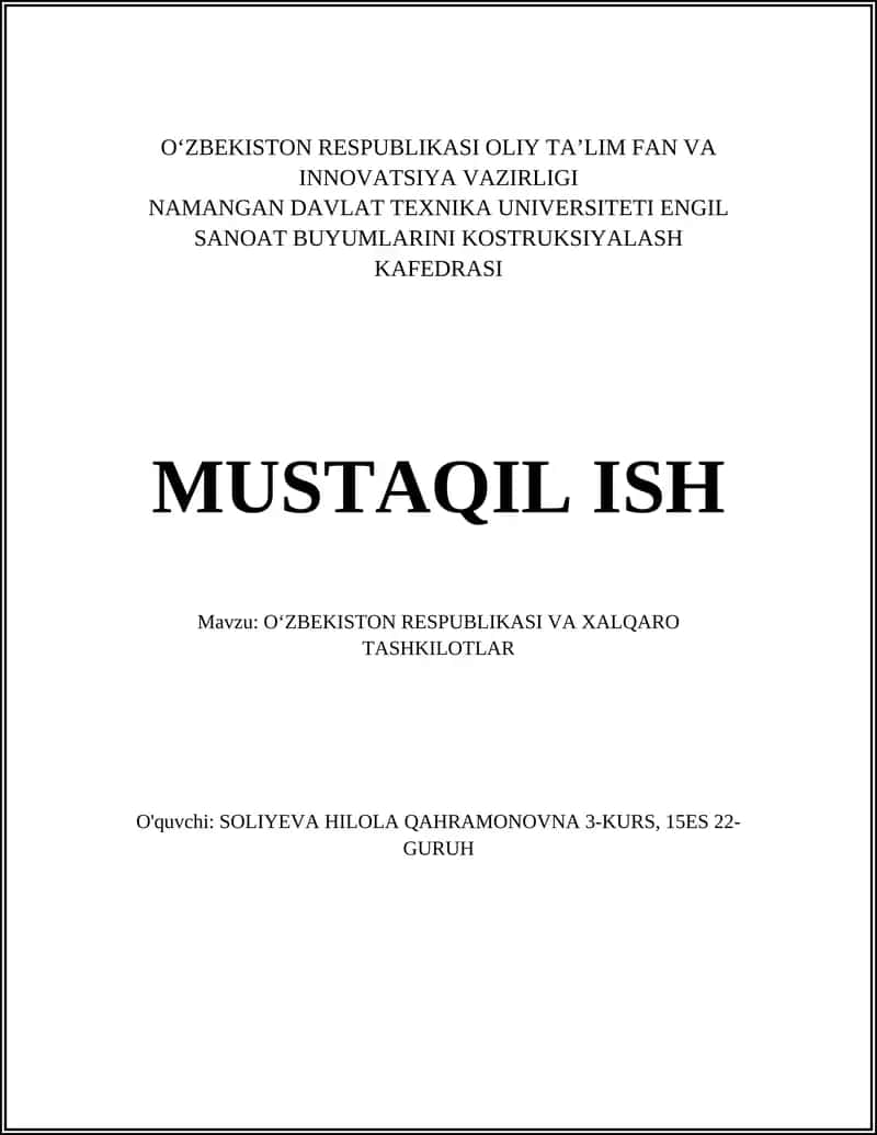 O‘ZBEKISTON RESPUBLIKASI VA XALQARO TASHKILOTLAR