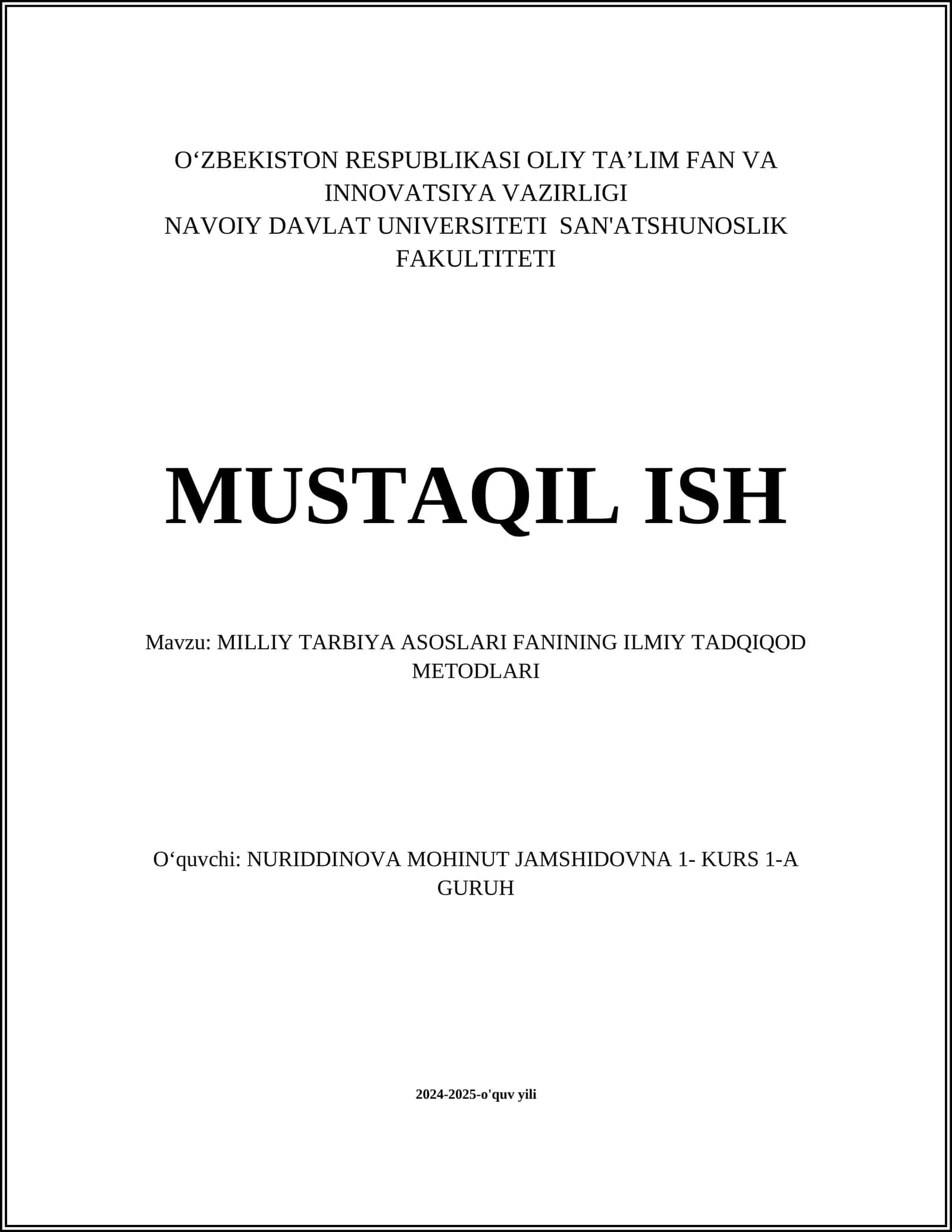 MILLIY TARBIYA ASOSLARI FANINING ILMIY TADQIQOD METODLARI