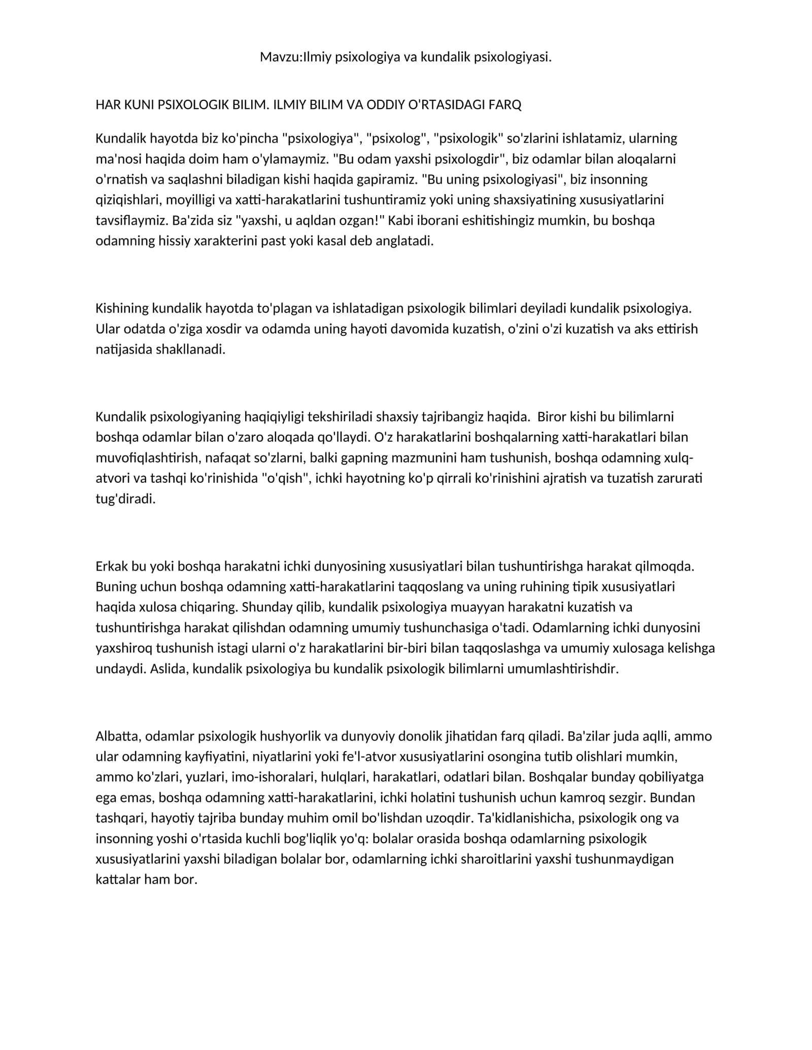 Ilmiy psixologiya va kundalik psixologiyasi