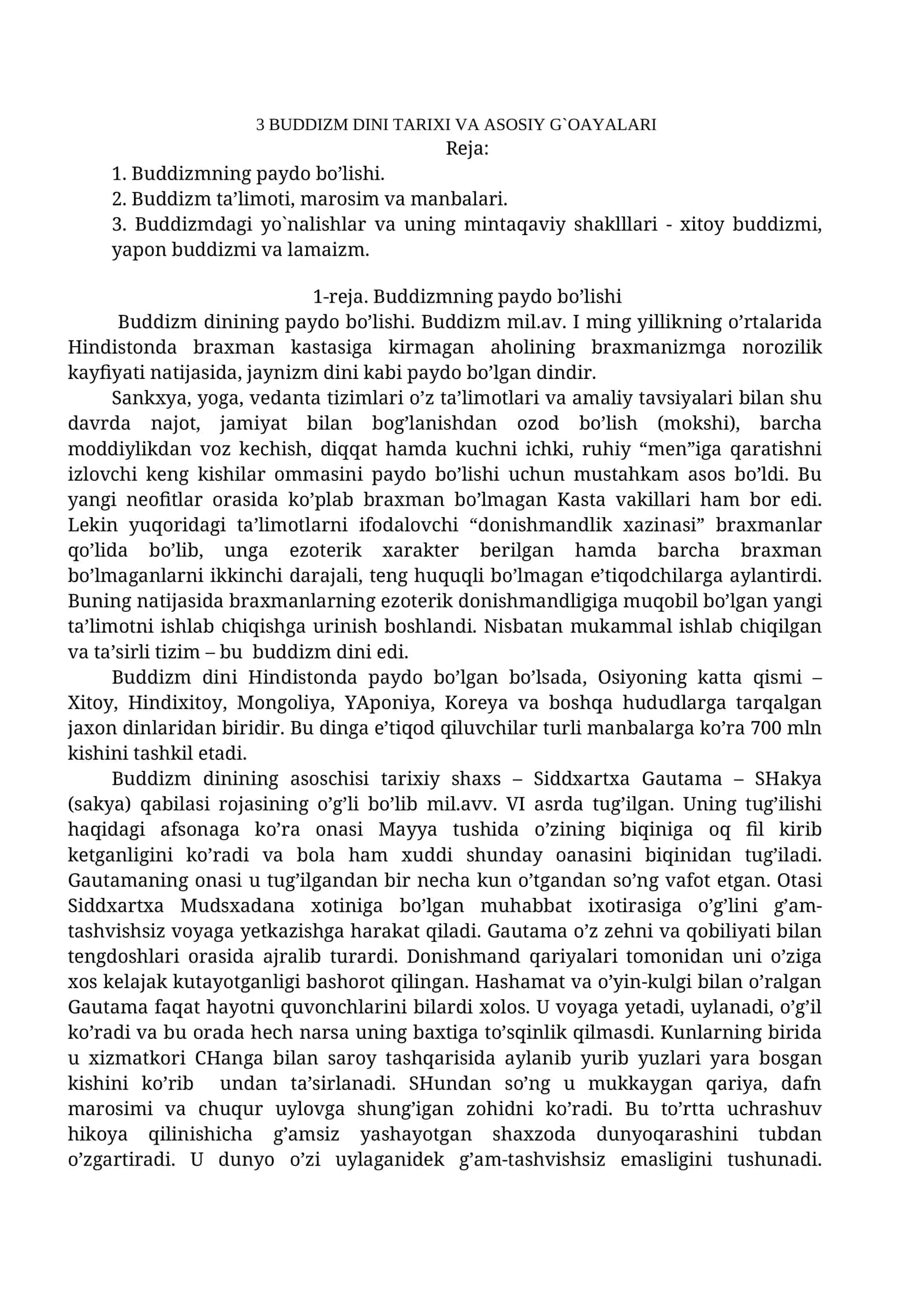 3 BUDDIZM DINI TARIXI VA ASOSIY G`OAYALARI