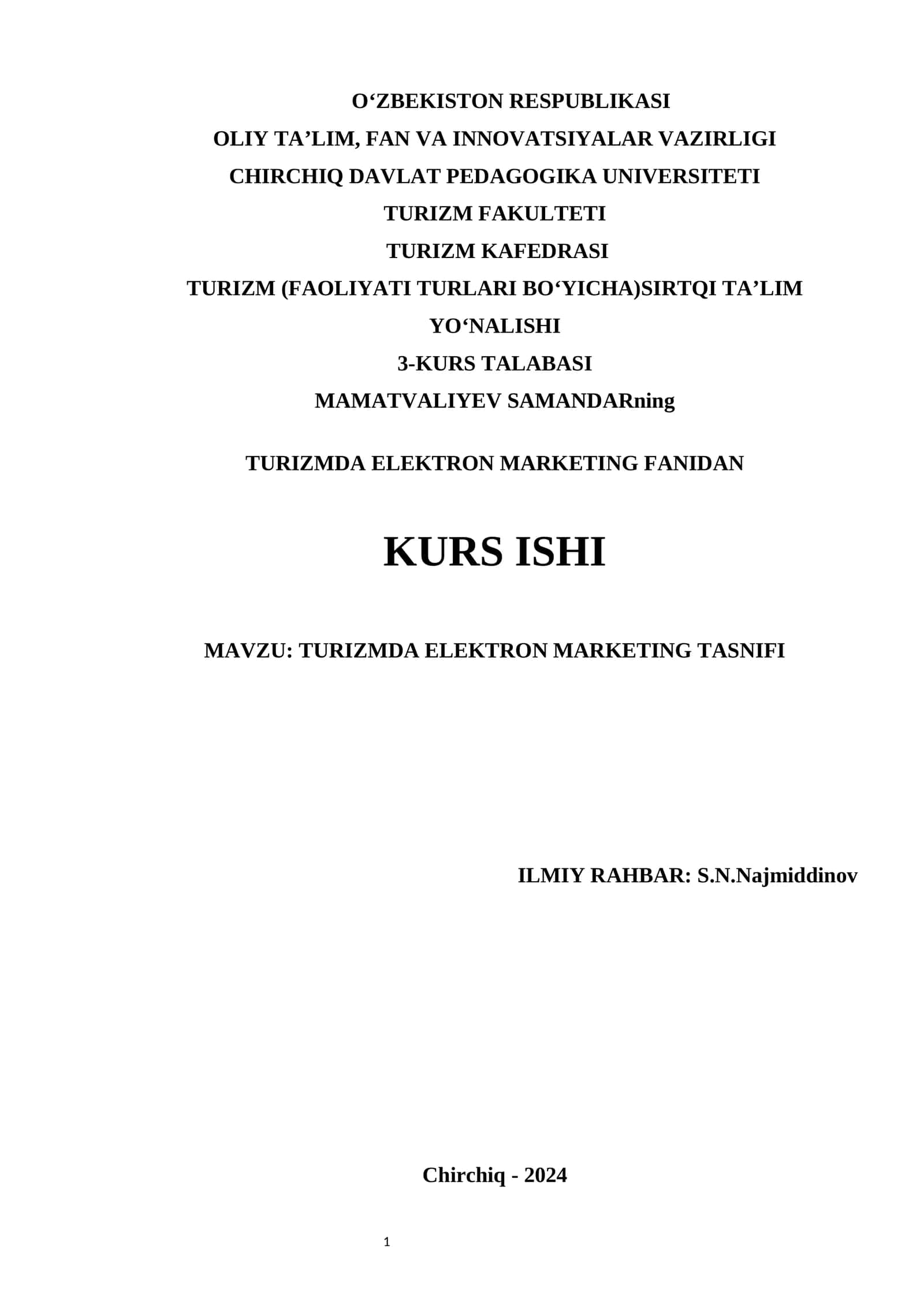 TURIZMDA ELEKTRON MARKETING TASNIFI