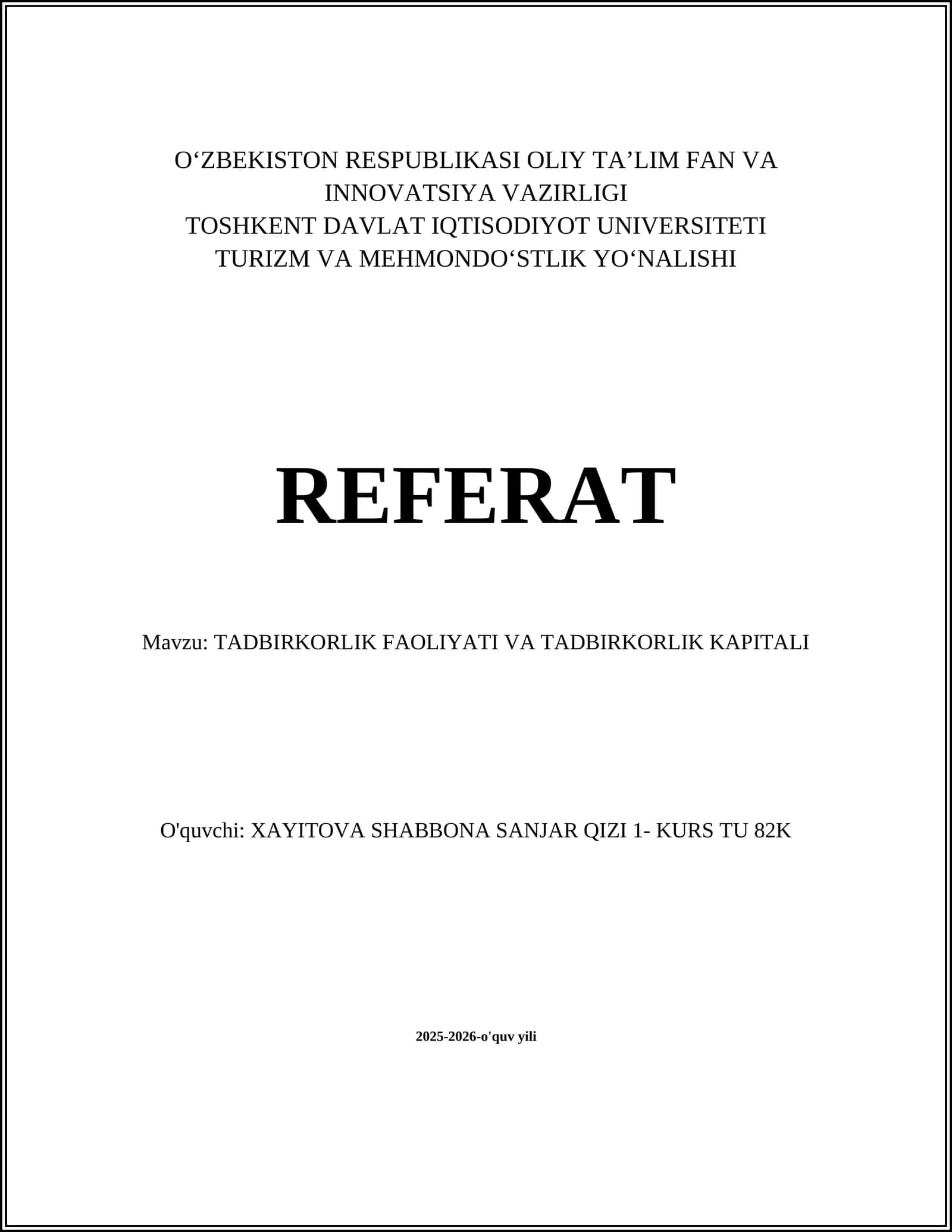 TADBIRKORLIK FAOLIYATI VA TADBIRKORLIK KAPITALI