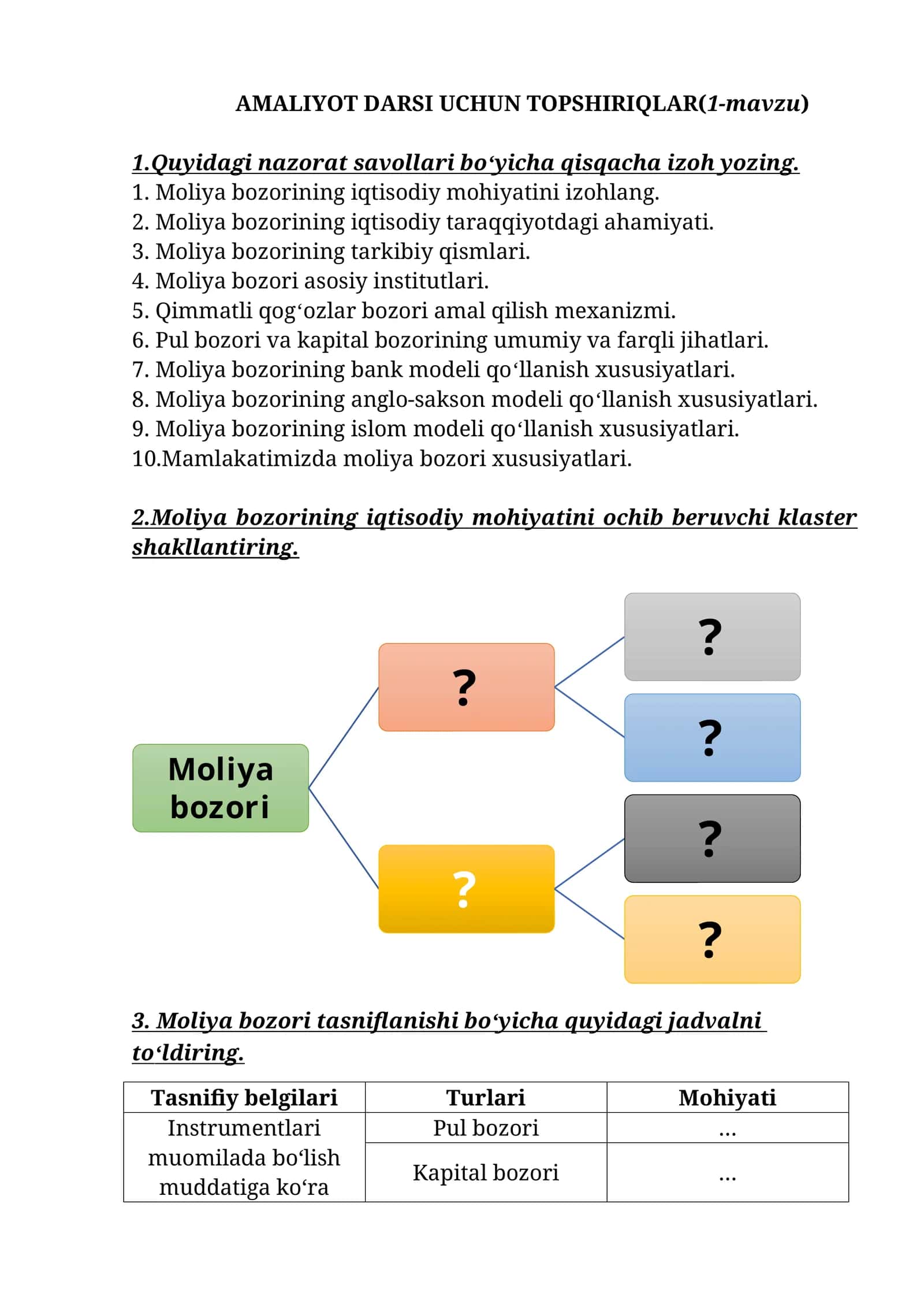 AMALIYOT DARSI UCHUN TOPSHIRIQLAR(1-mavzu)