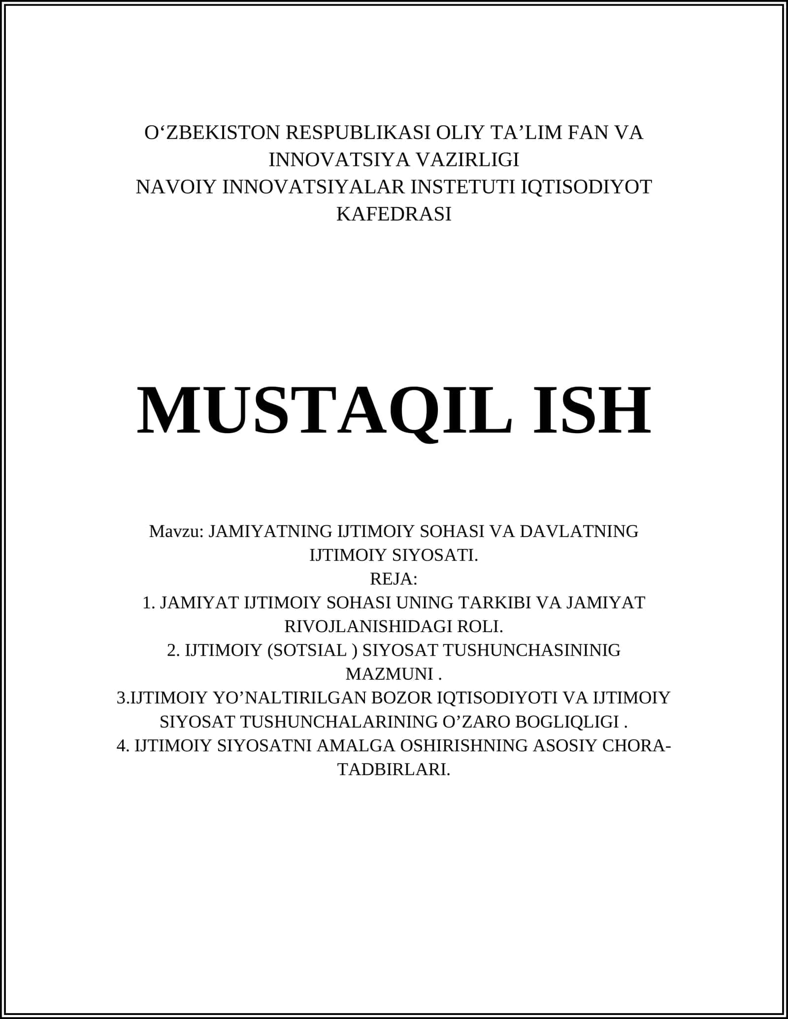 JAMIYATNING IJTIMOIY SOHASI VA DAVLATNING IJTIMOIY SIYOSATI
