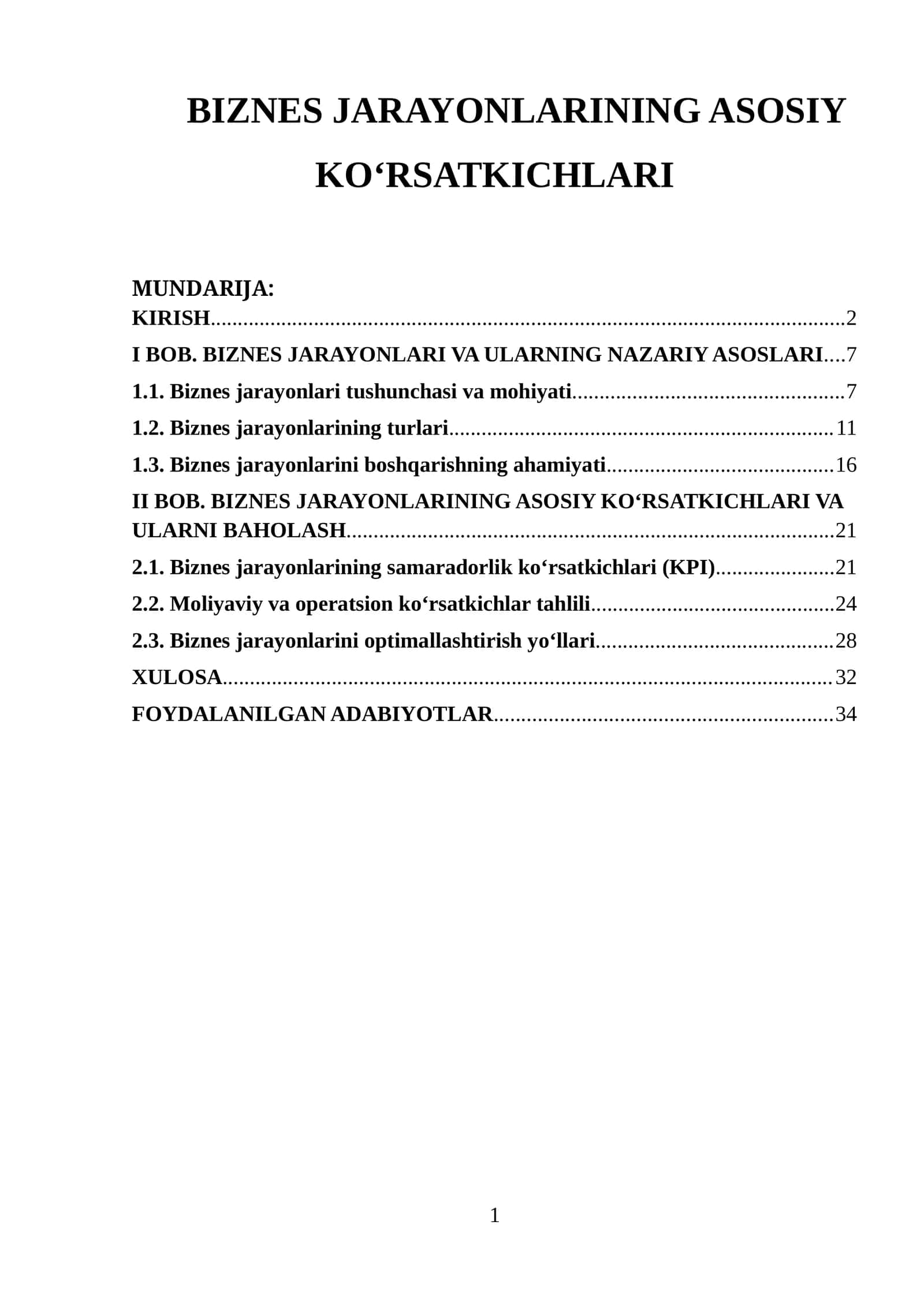 BIZNES JARAYONLARINING ASOSIY KO‘RSATKICHLARI