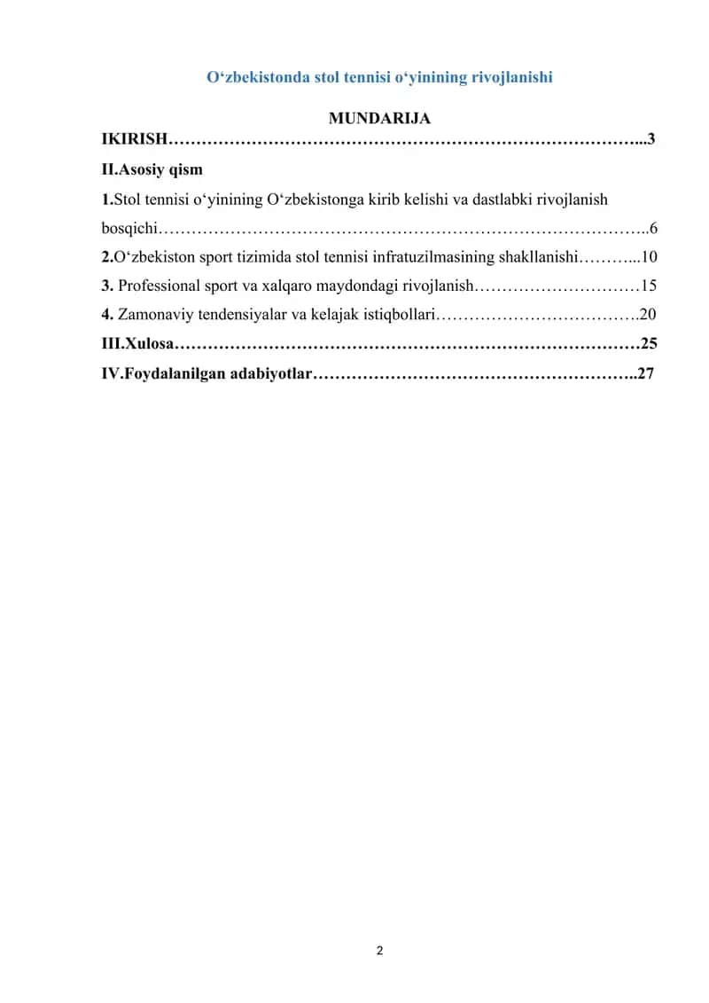 Stol tennisi oʻyinining rivojlanishi