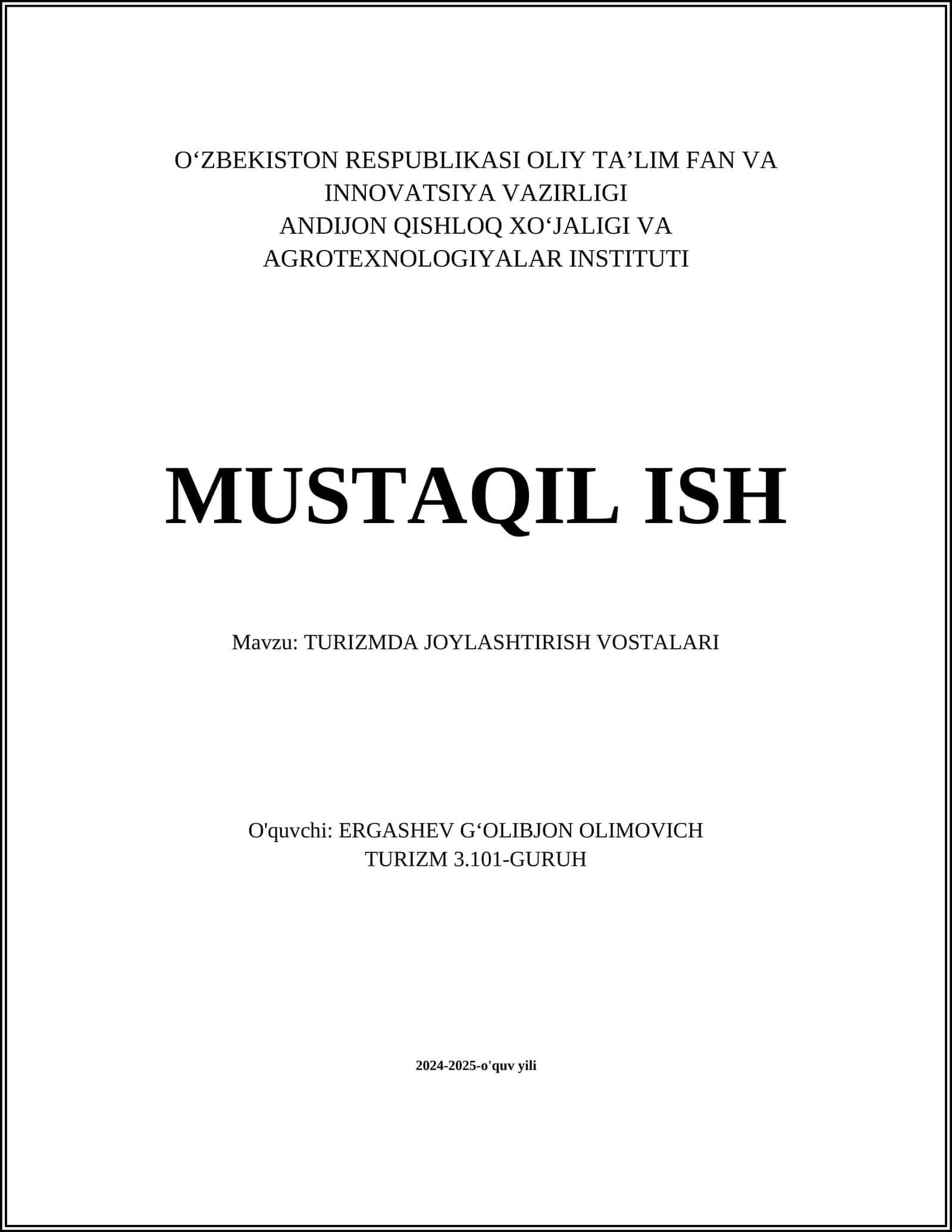 TURIZMDA JOYLASHTIRISH VOSTALARI