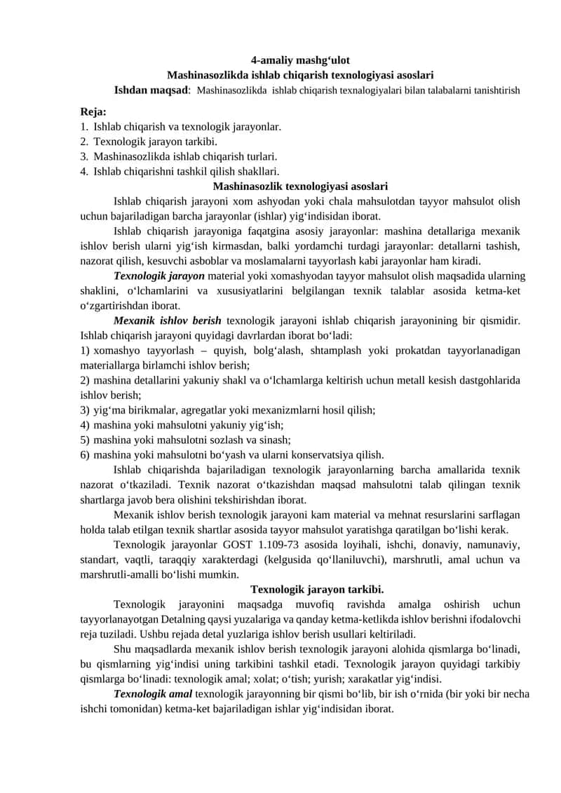 Mashinasozlikda ishlab chiqarish texnologiyasi asoslari
