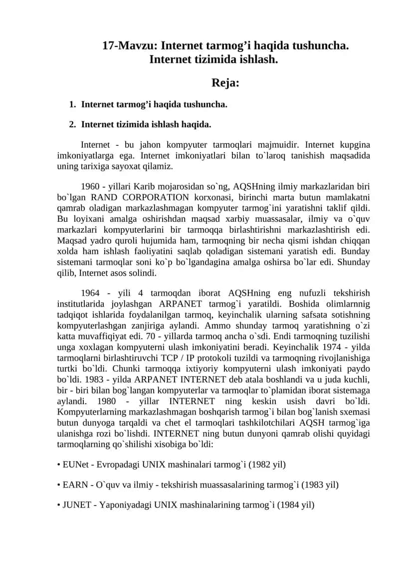 17-Mavzu: Internet tarmog’i haqida tushuncha. Internet tizimida ishlash