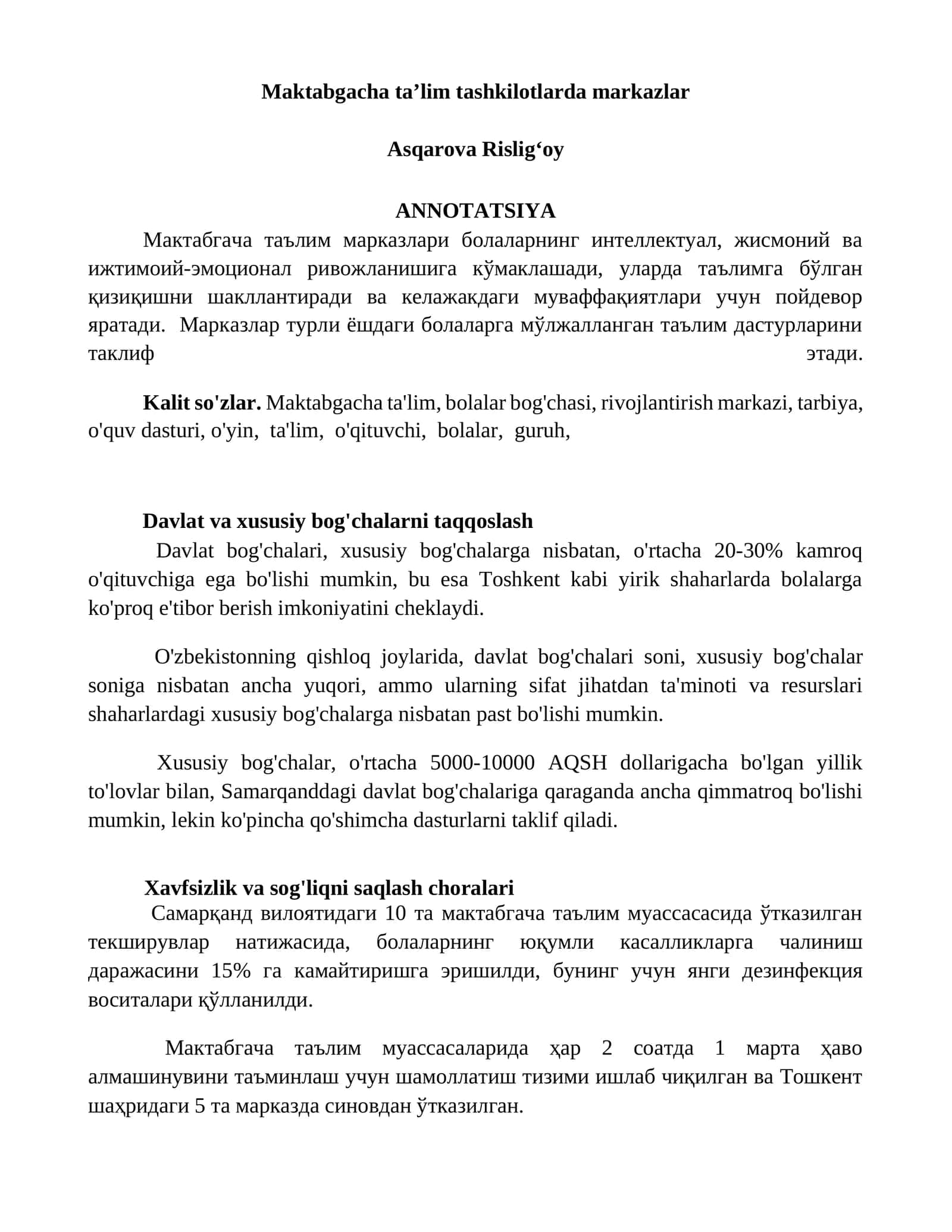 Maktabgacha taʼlim tashkilotlarda markazlar