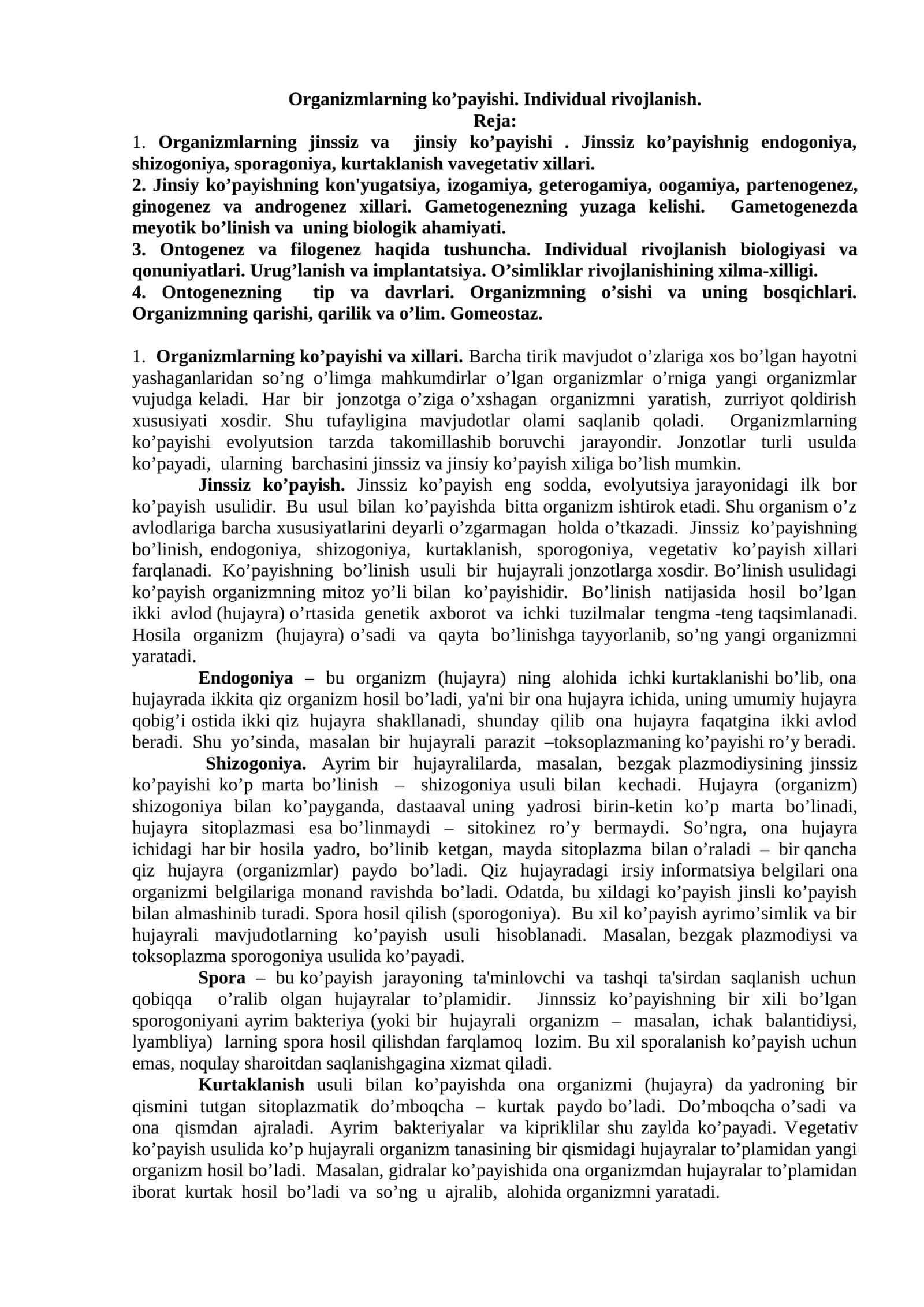 Organizmlarning ko’payishi. Individual rivojlanish