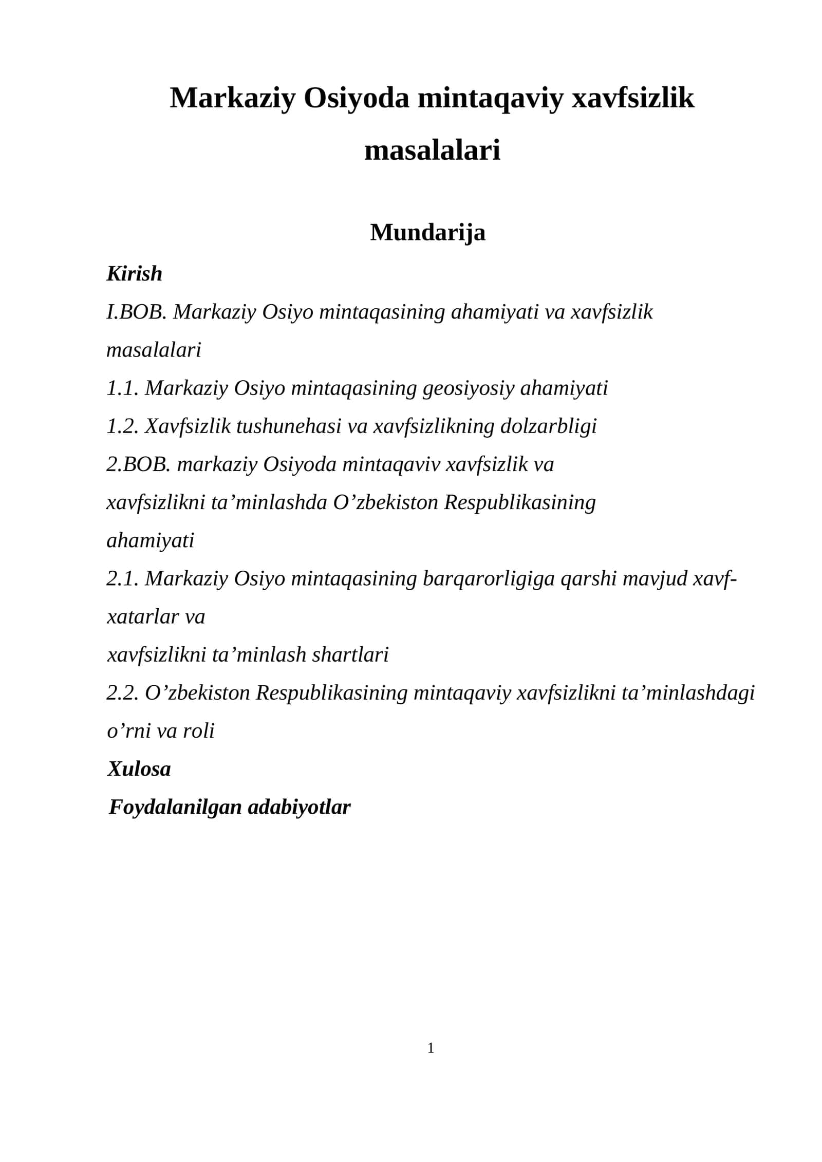 Markaziy Osiyoda mintaqaviy xavfsizlik masalalari