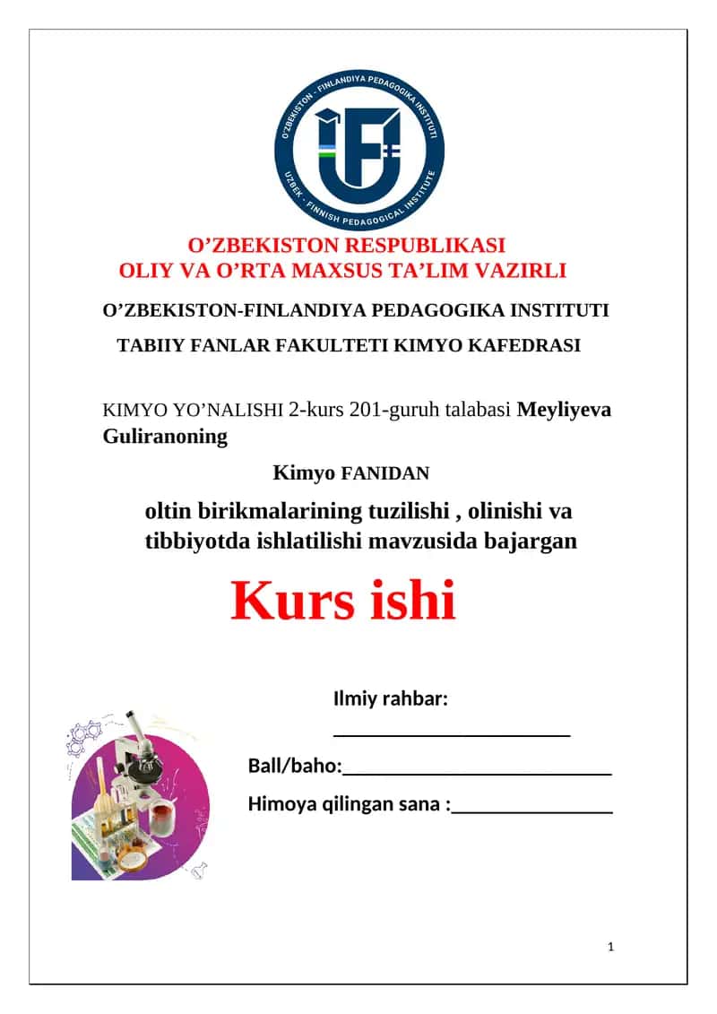 Kimyo YO’NALISHI 2-kurs 201-guruh talabasi Meyliyeva Guliranoning