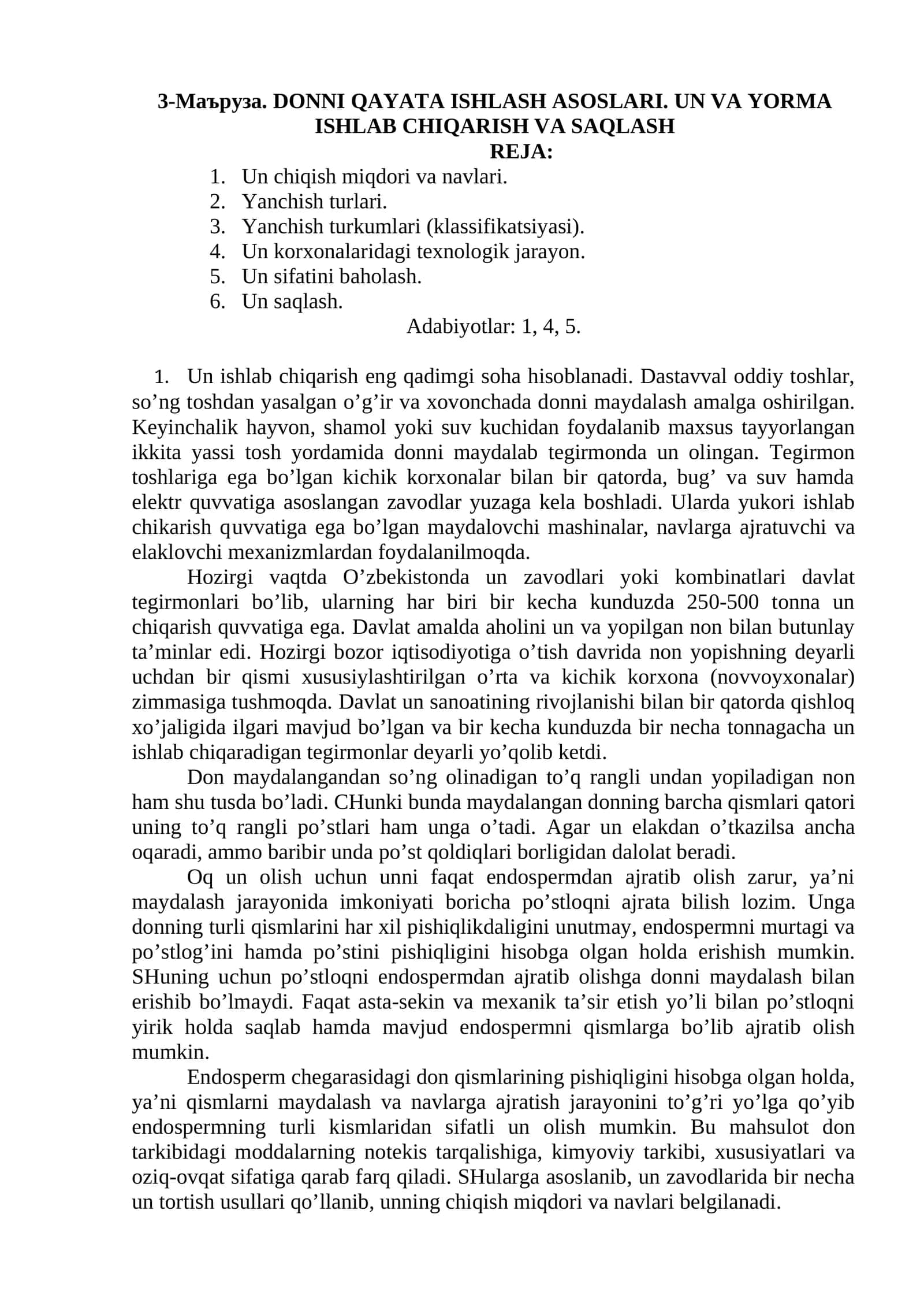 DONNI QAYATA ISHLASH ASOSLARI. UN VA YORMA ISHLAB CHIQARISH VA SAQLASH