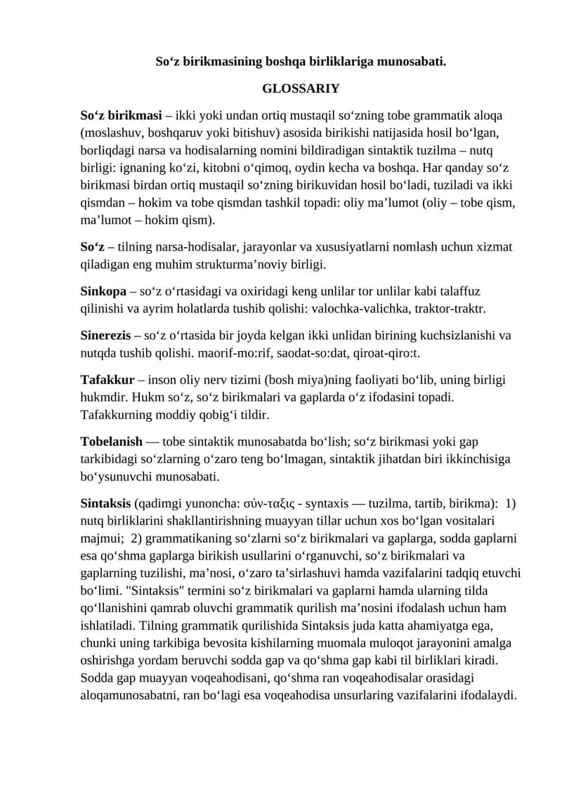 Soʻz birikmasining boshqa birliklariga munosabati
