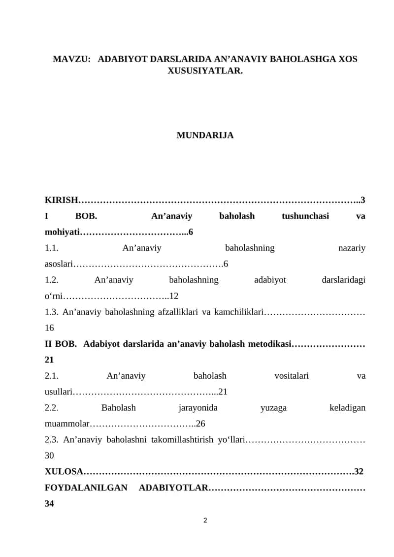 ADABIYOT DARSLARIDA AN’ANAVIY BAHOLASHGA XOS XUSUSIYATLAR