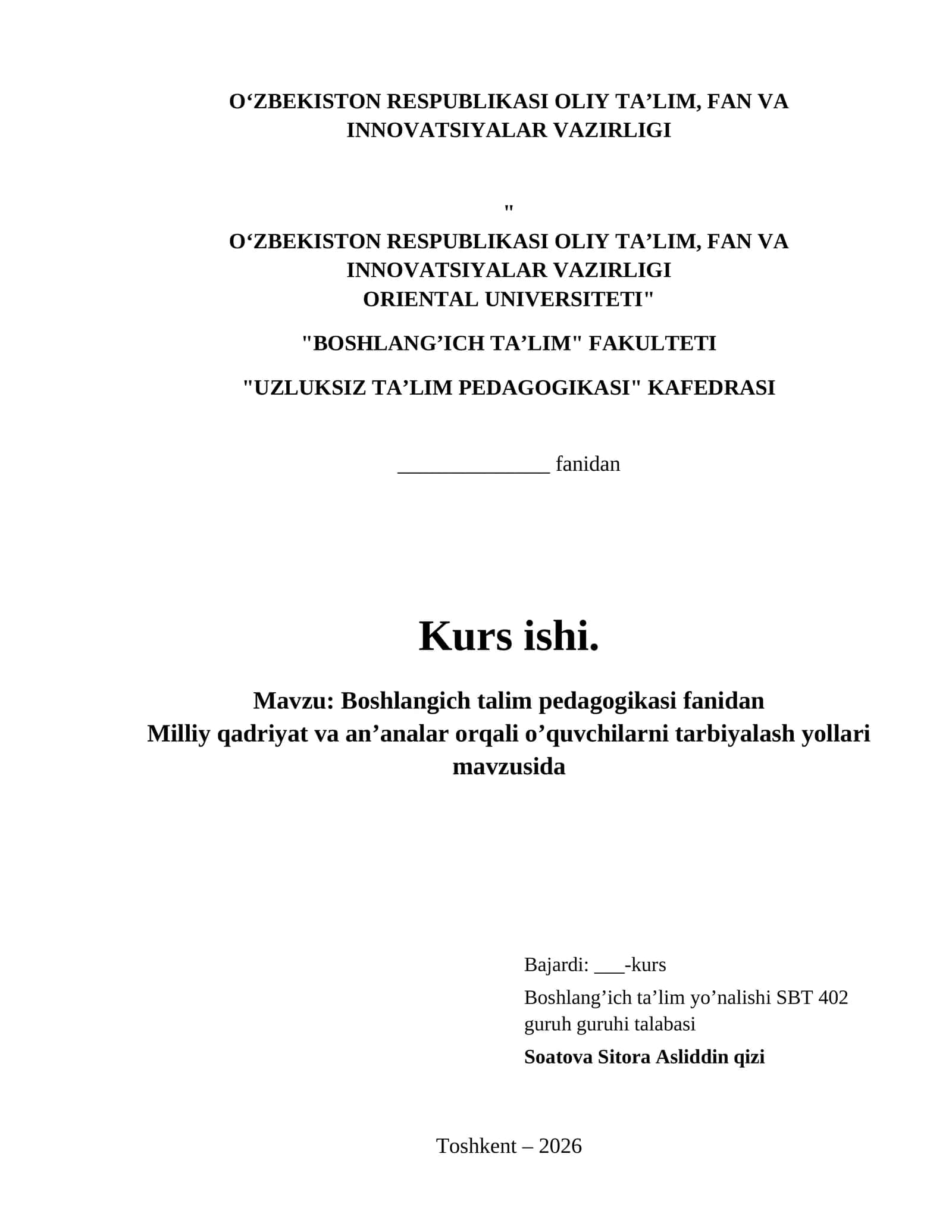 Boshlangich talim pedagogikasi fanidan