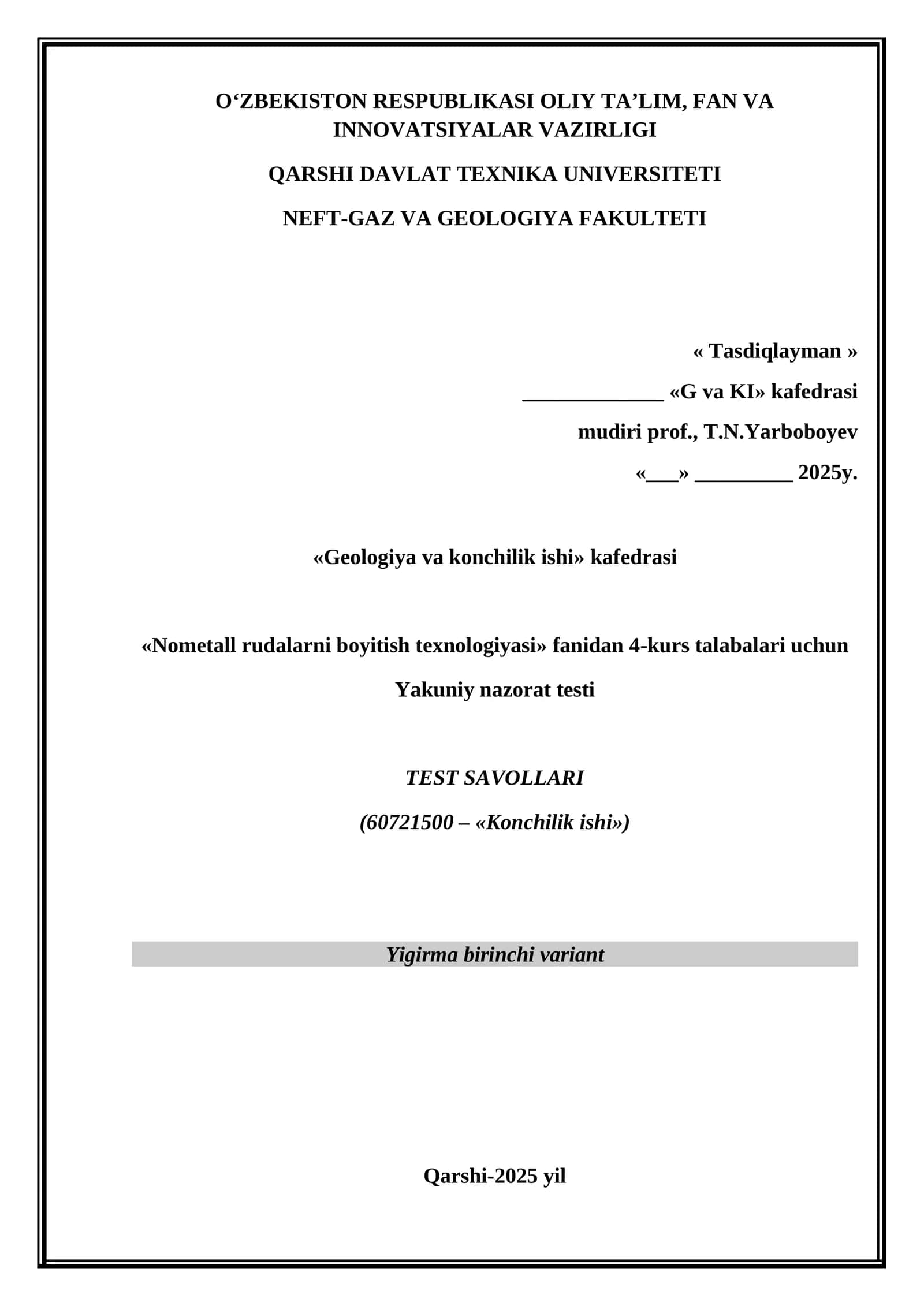 Nometall rudalarni boyitish texnologiyasi testi