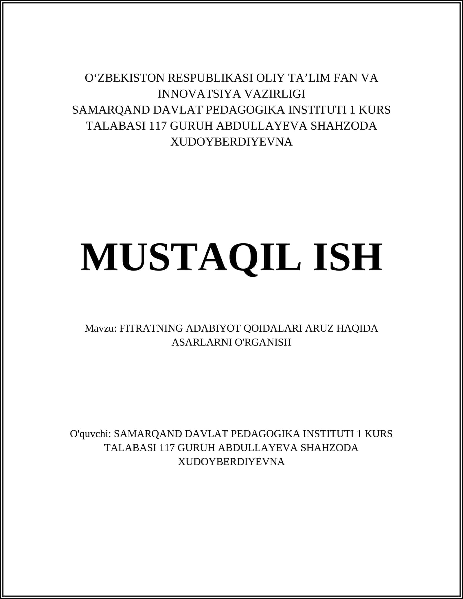 FITRATNING ADABIYOT QOIDALARI ARUZ HAQIDA ASARLARNI O'RGANISH