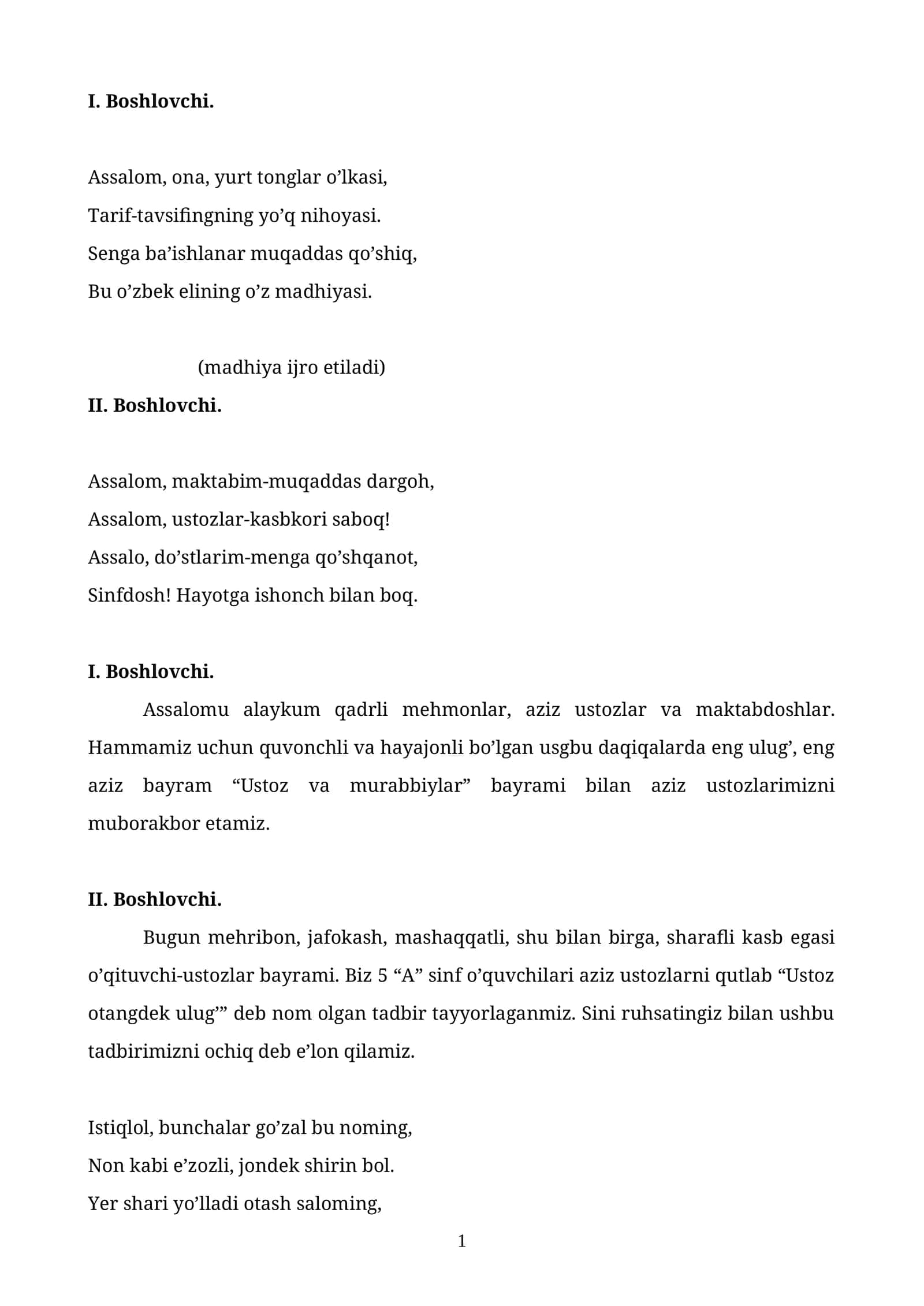 Ustozlar va murabbiylar bayrami senariysi