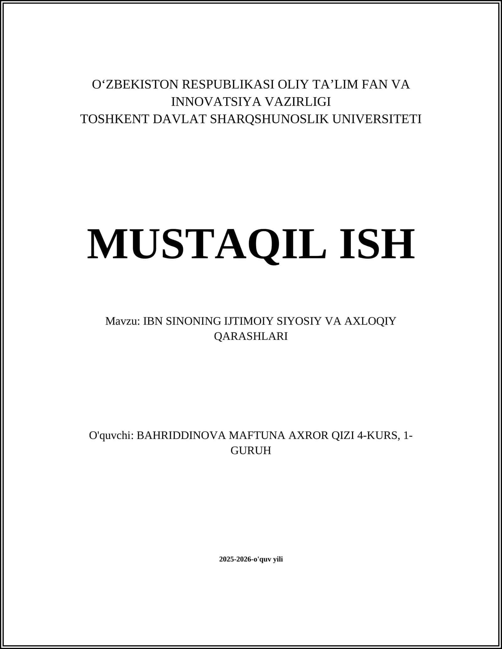 IBN SINONING IJTIMOIY SIYOSIY VA AXLOQIY QARASHLARI