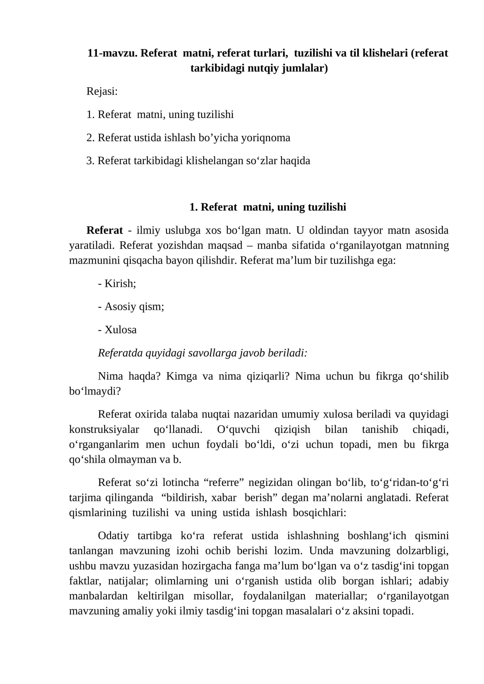 Referat matni, referat turlari, tuzilishi va til klishelari (referat tarkibidagi nutqiy jumlalar)