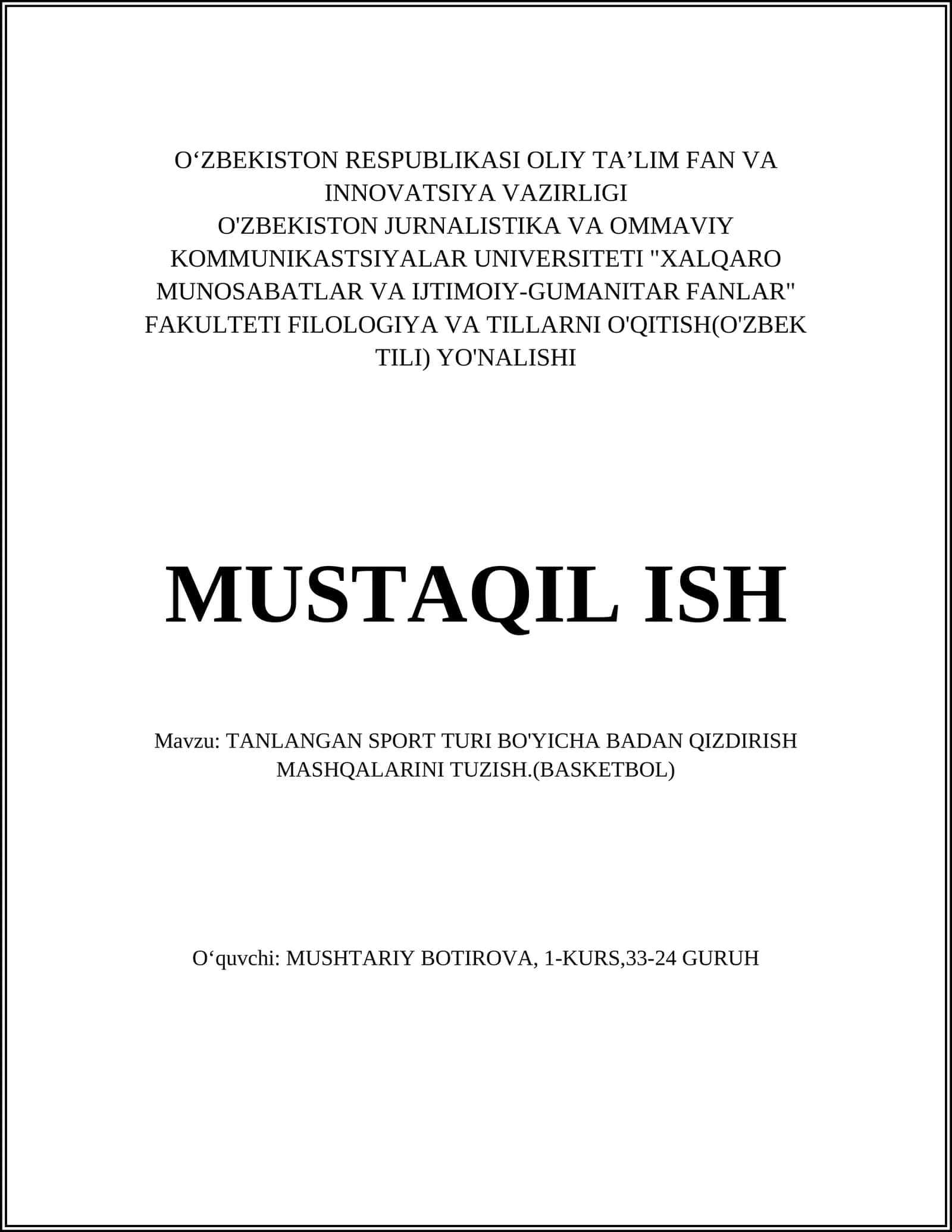 TANLANGAN SPORT TURI BO'YICHA BADAN QIZDIRISH MASHQALARINI TUZISH.(BASKETBOL)