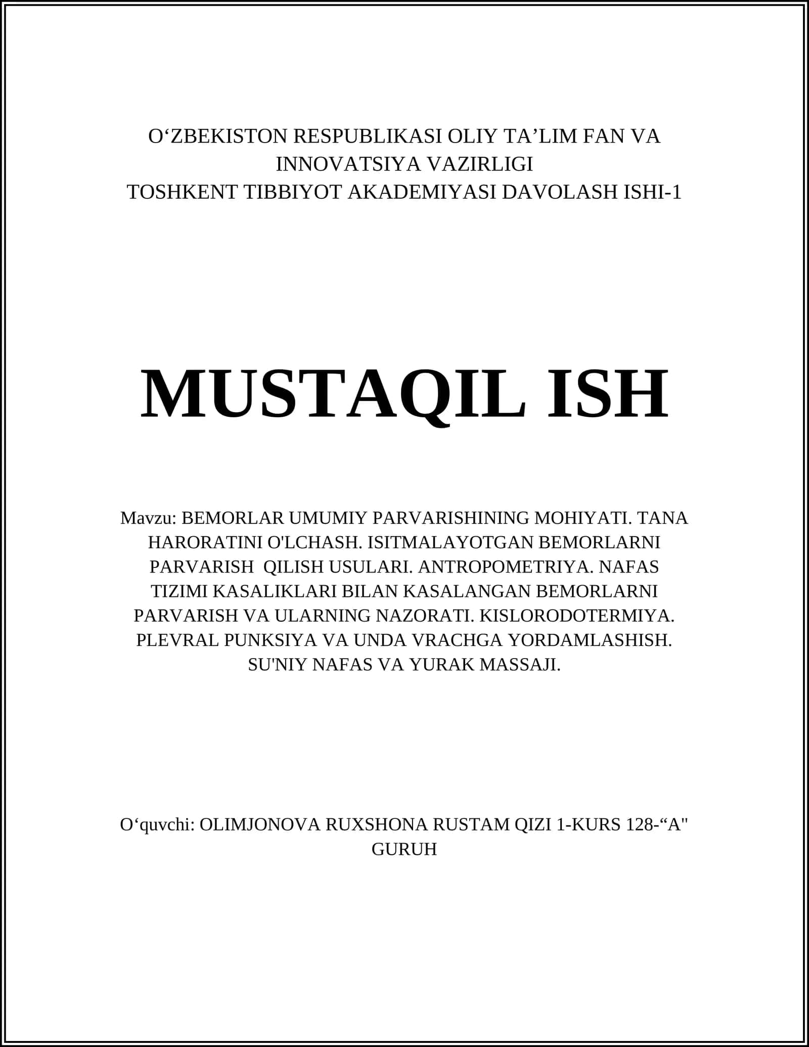 BEMORLAR UMUMIY PARVARISHINING MOHIYATI