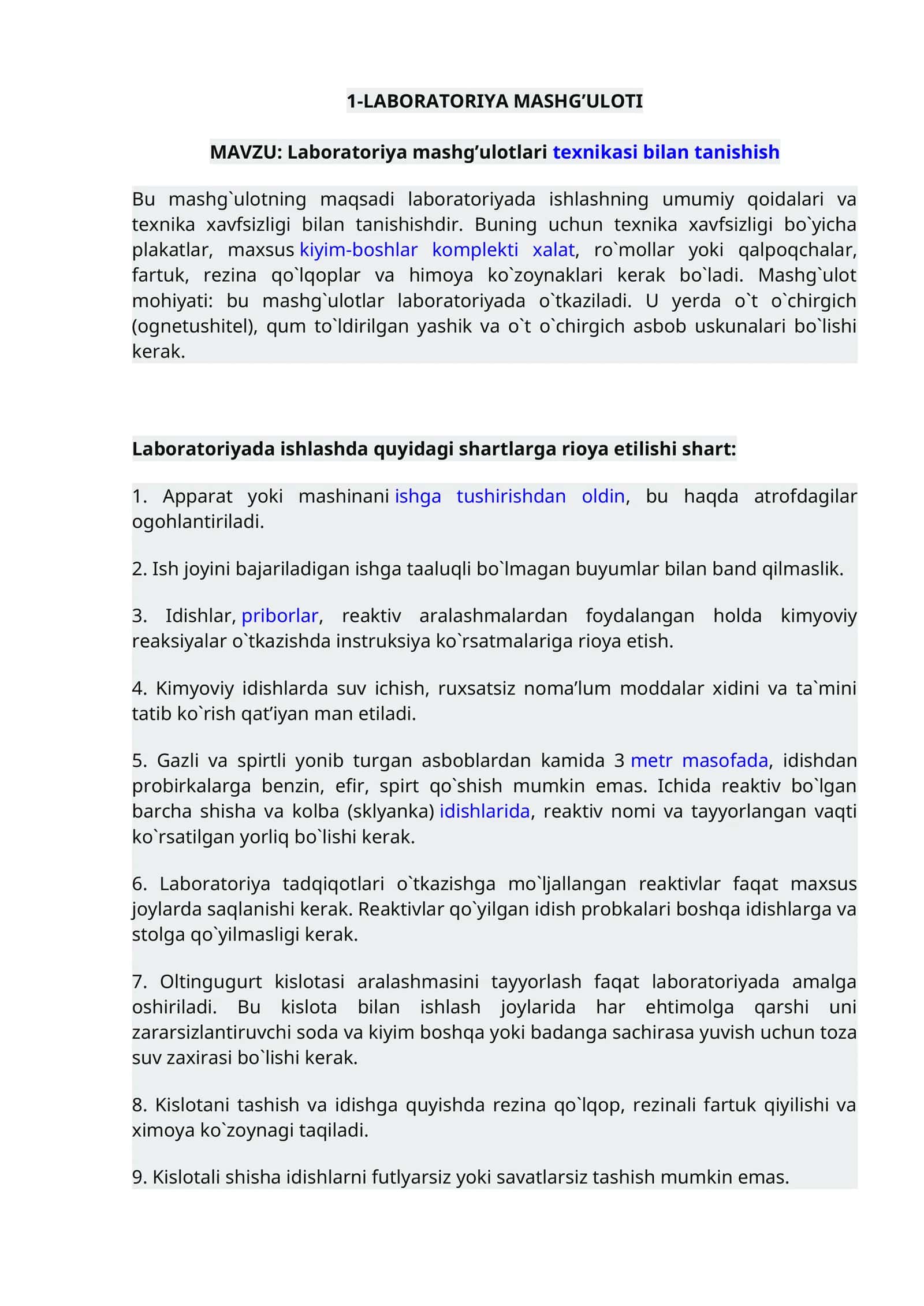laboratoriyada ishlashning umumiy qoidalari va texnika xavfsizligi bilan tanishish