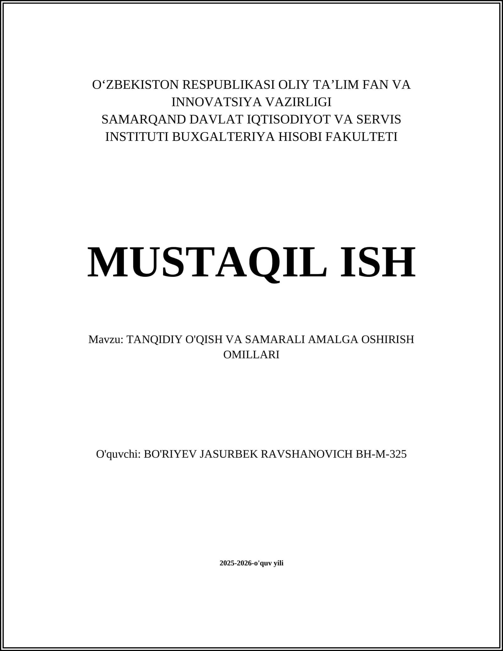 TANQIDIY O'QISH VA SAMARALI AMALGA OSHIRISH OMILLARI
