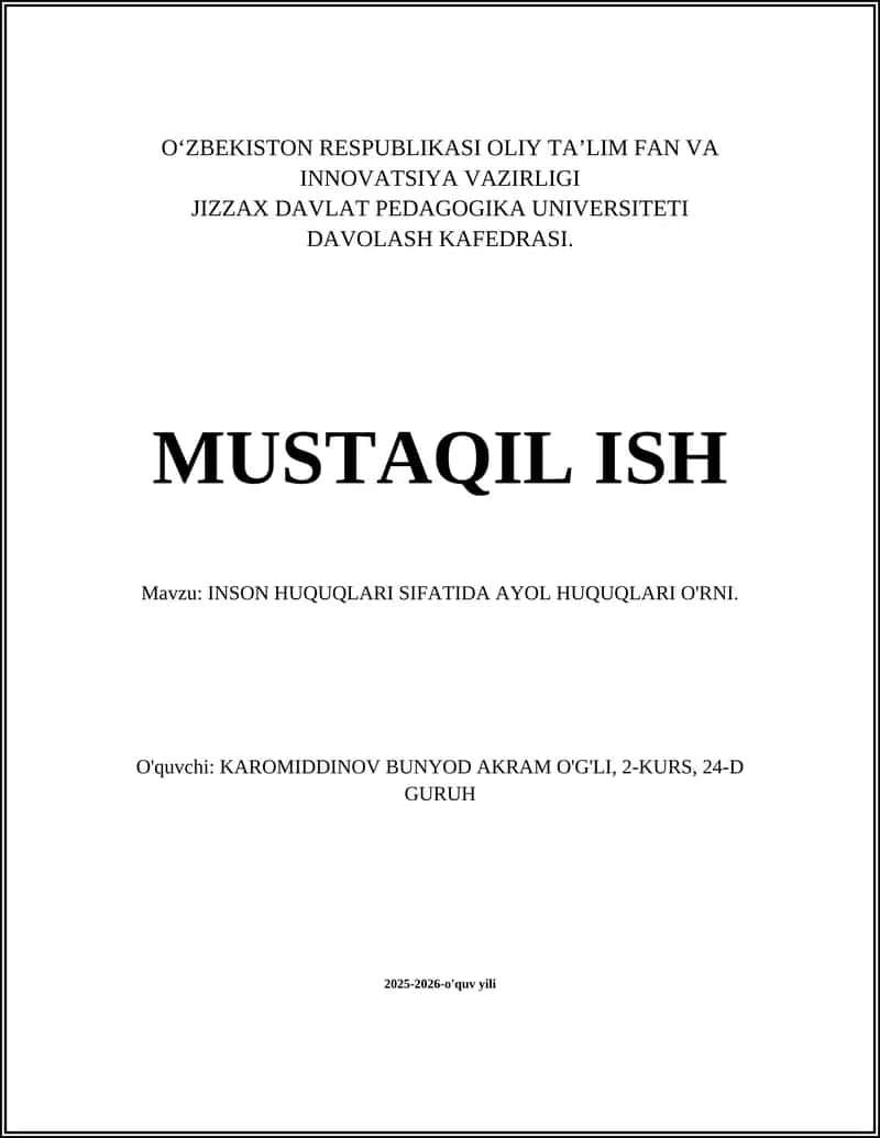 INSON HUQUQLARI SIFATIDA AYOL HUQUQLARI O'RNI
