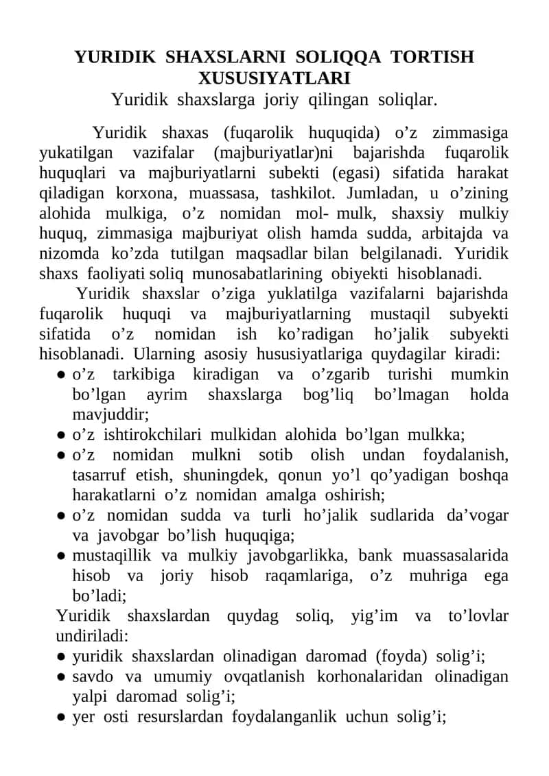 YURIDIK SHAXSLARNI SOLIQQA TORTISH XUSUSIYATLARI