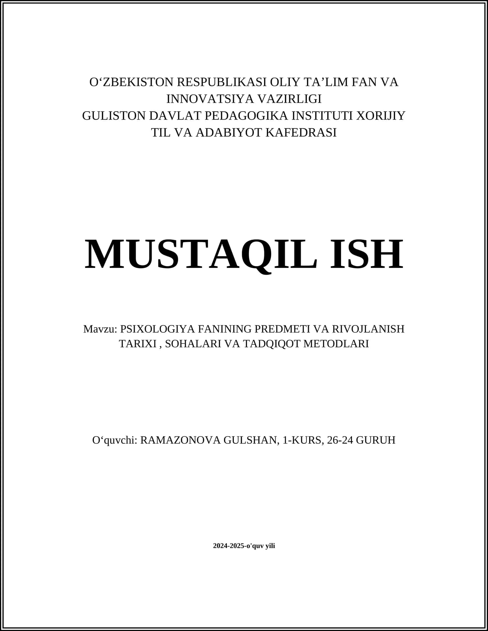 PSIXOLOGIYA FANINING PREDMETI VA RIVOJLANISH TARIXI