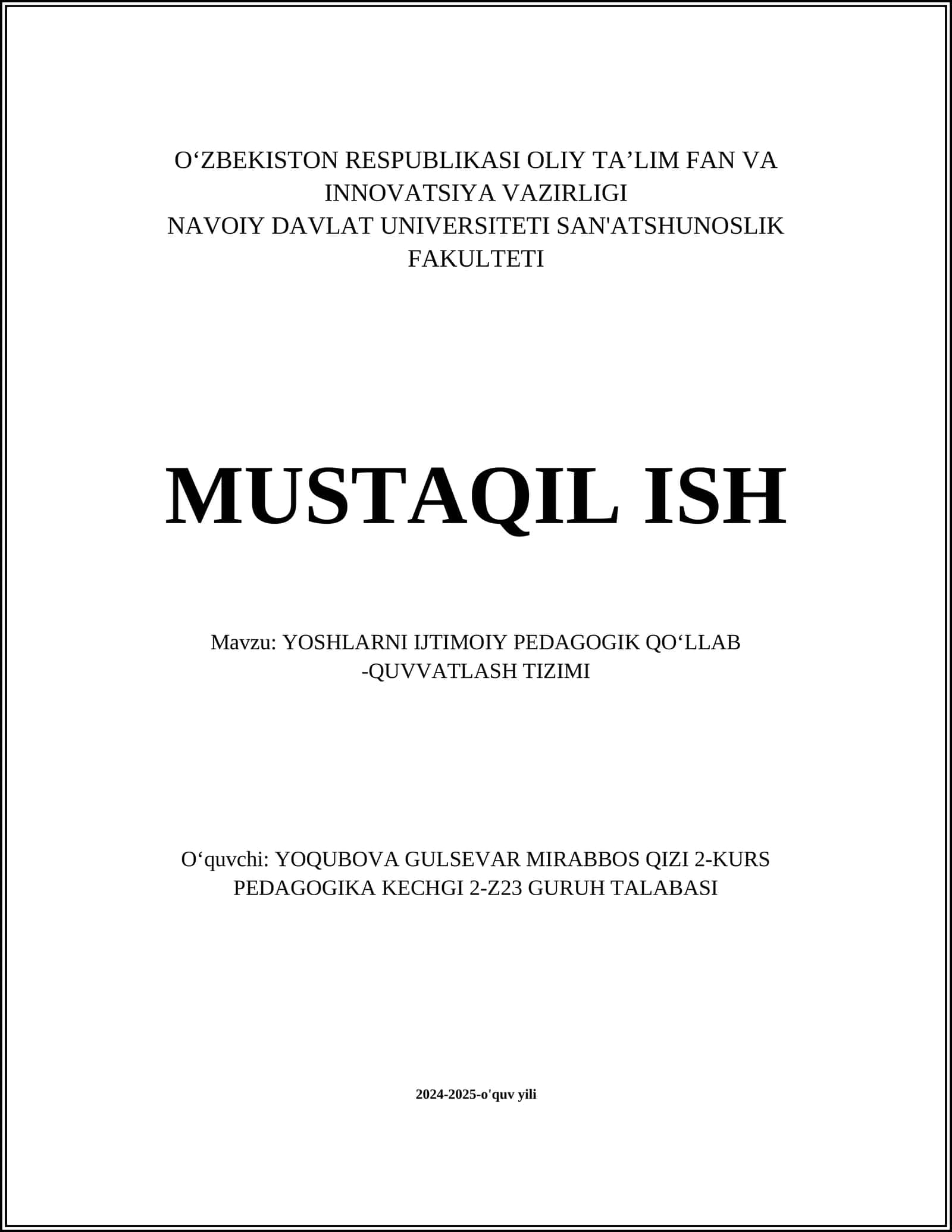 YOSHLARNI IJTIMOIY PEDAGOGIK QOʻLLAB -QUVVATLASH TIZIMI