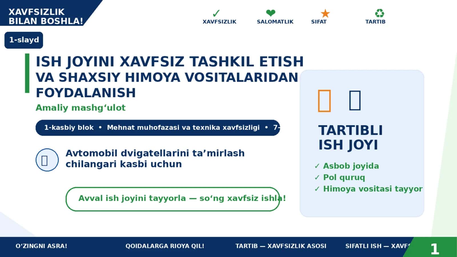 Ish joyini xavfsiz tashkil etish va shaxsiy himoya vositalaridan foydalanish