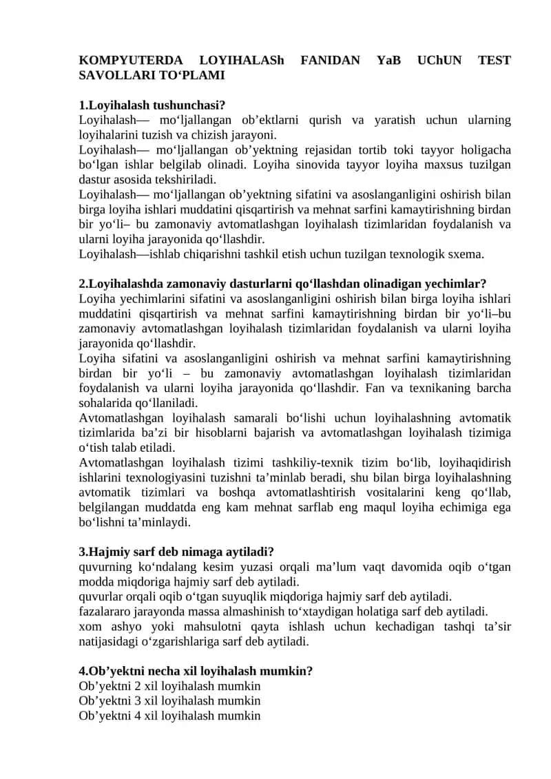 KOMPYUTERDA LOYIHALASh FANIDAN YaB UChUN TEST SAVOLLARI TO‘PLAMI