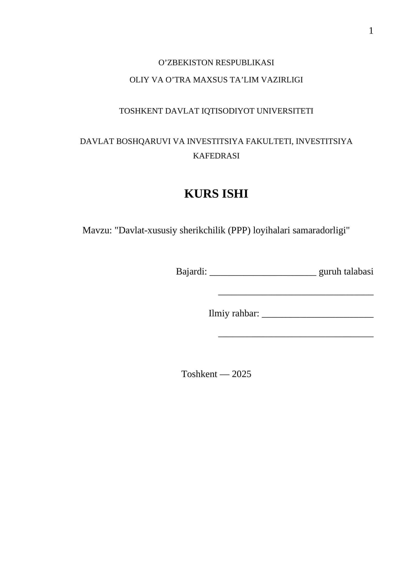 Davlat-xususiy sherikchilik (PPP) loyihalari samaradorligi