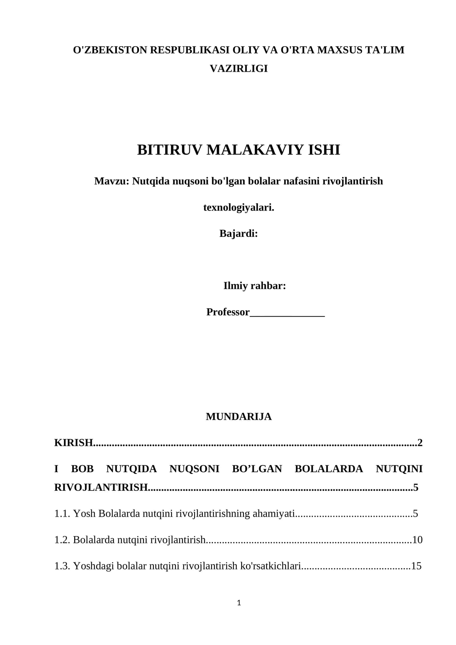 Nutqida nuqsoni bo'lgan bolalar nafasini rivojlantirish texnologiyalari