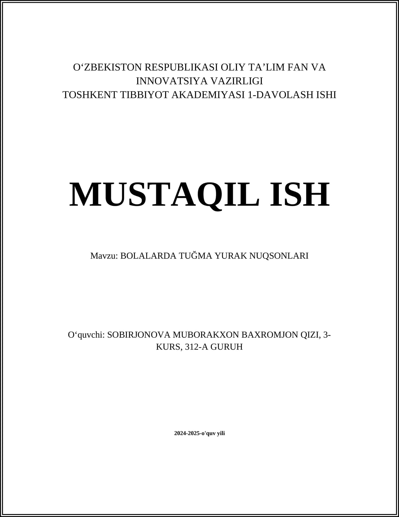 BOLALARDA TUĞMA YURAK NUQSONLARI