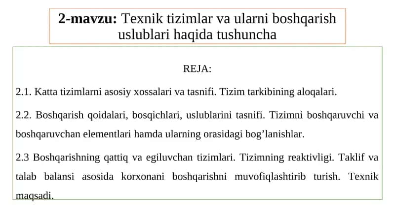 Texnik tizimlar va ularni boshqarish uslublari haqida tushuncha