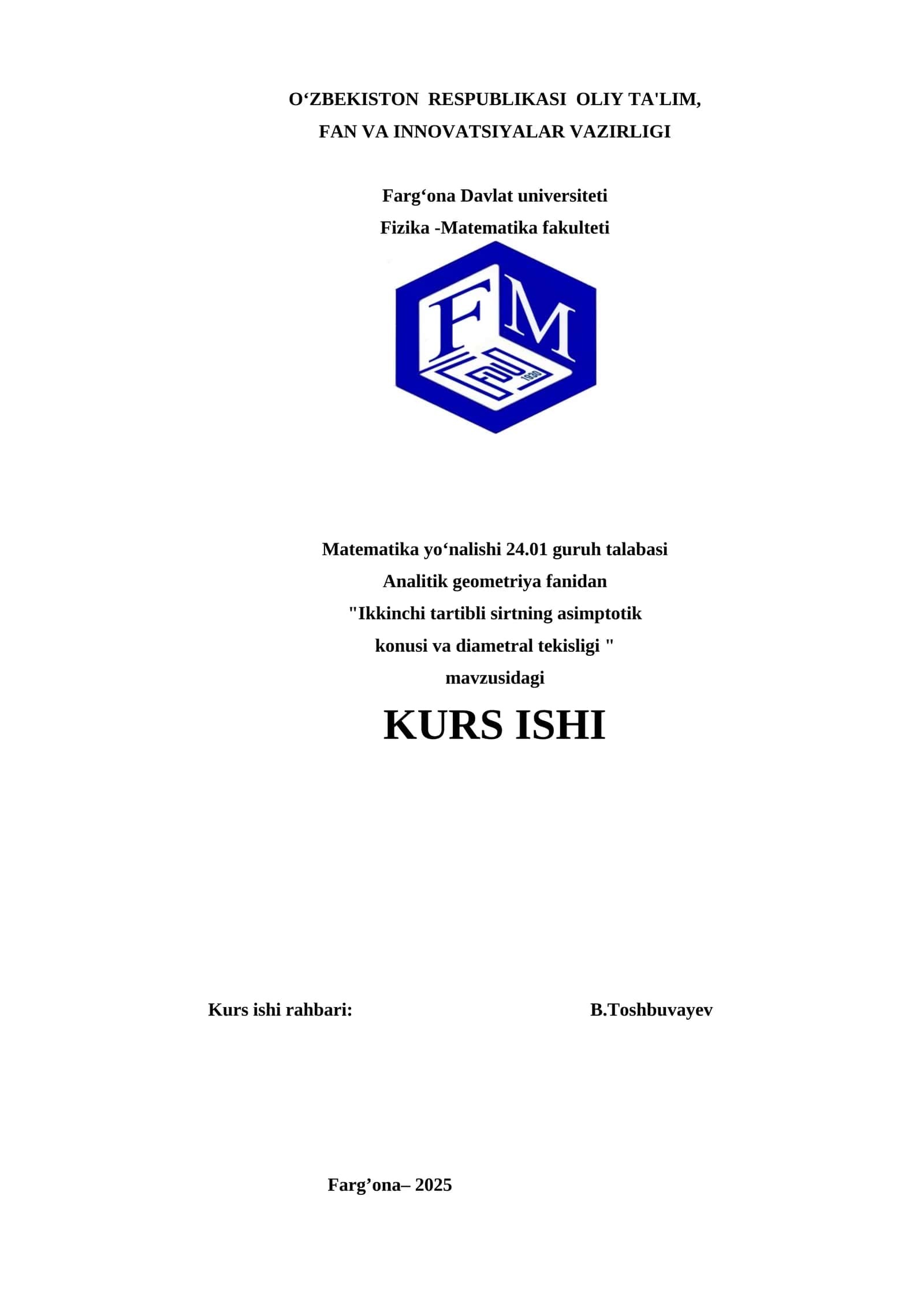 Ikkinchi tartibli sirtning asimptotik konusi va diametral tekisligi