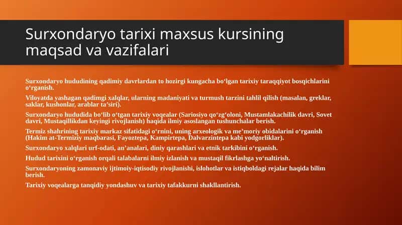 Surxondaryo tarixi maxsus kursining maqsad va vazifalari