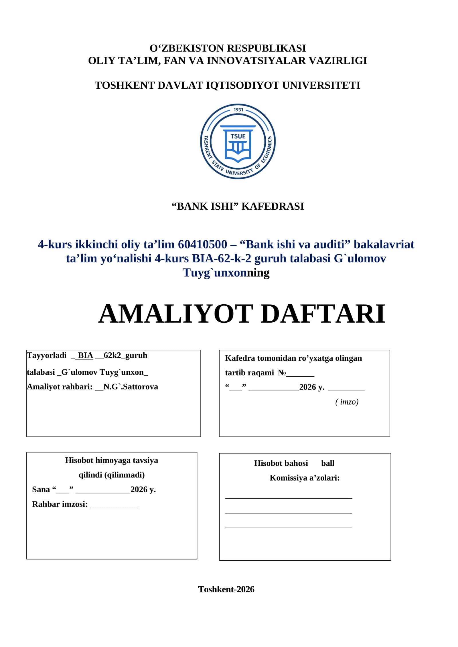 Octobank amaliyot daftari tayyori